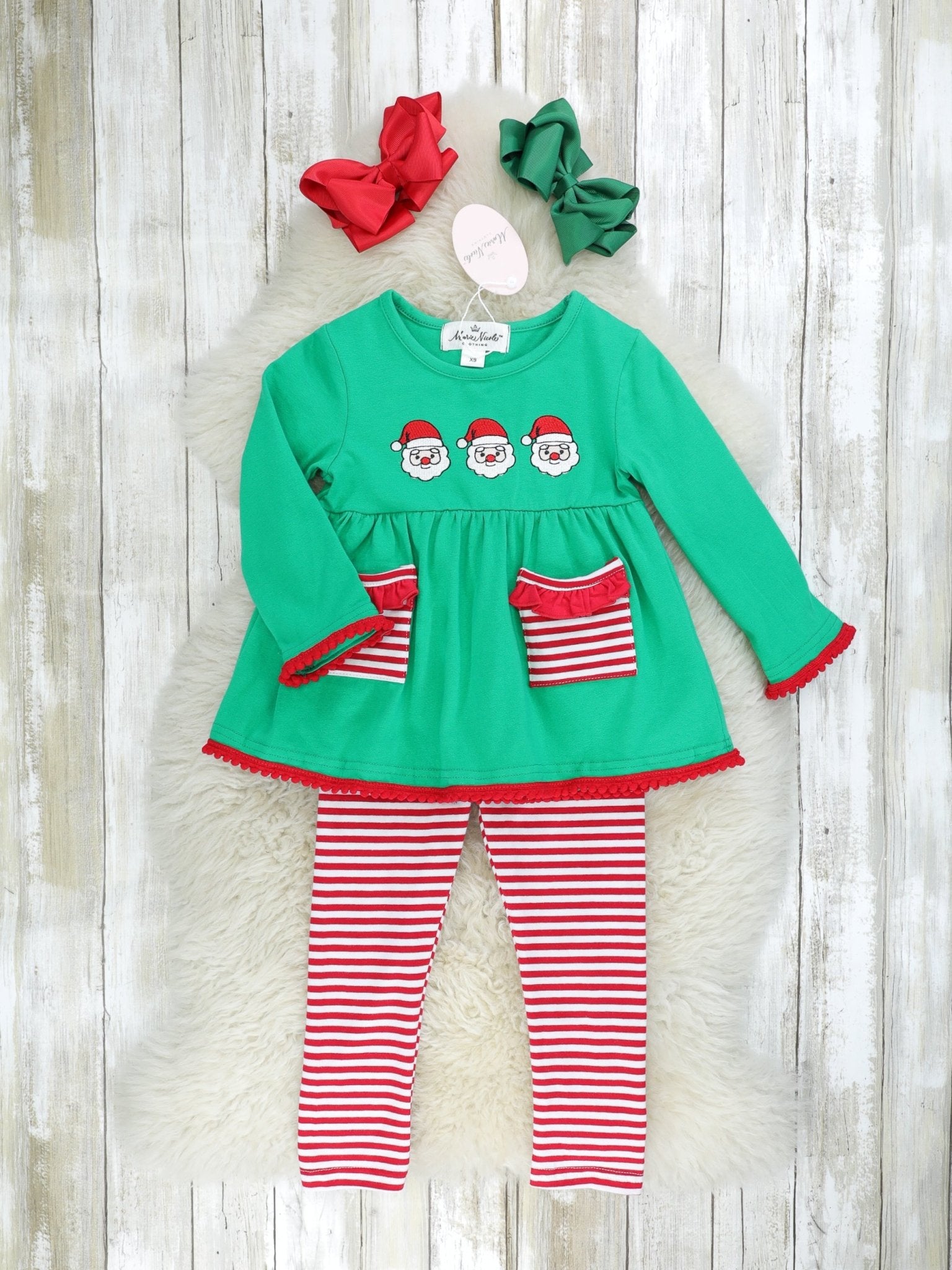 Green Santa Striped Pocket Outfit - Marie Nicole Clothing