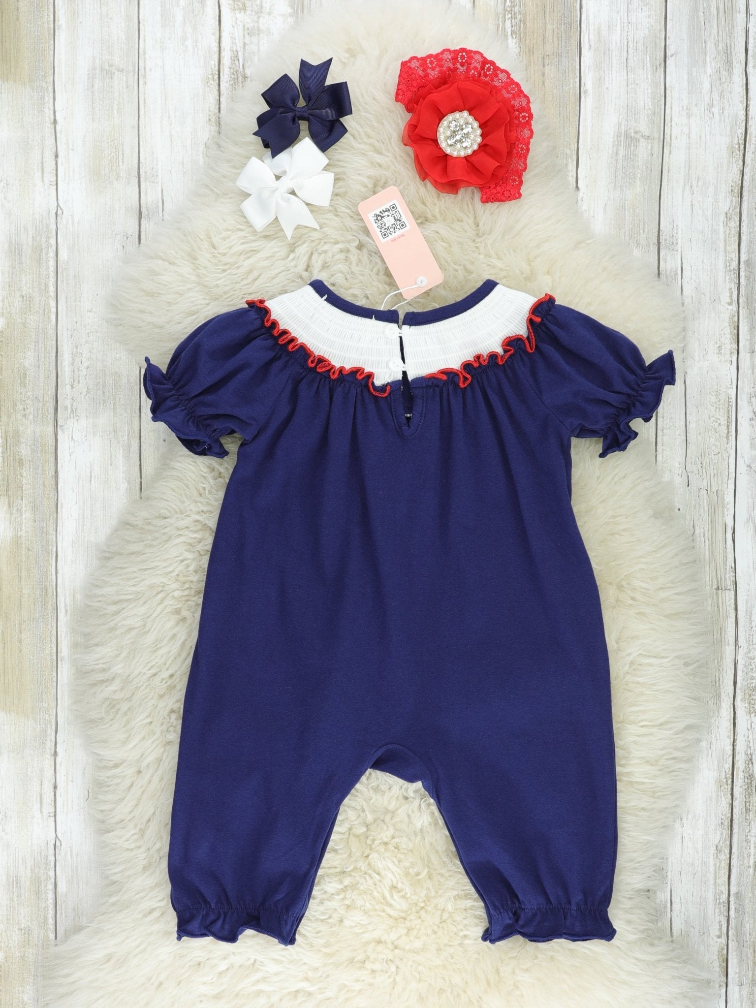 "USA" Smocked Gingham Romper - Marie Nicole Clothing