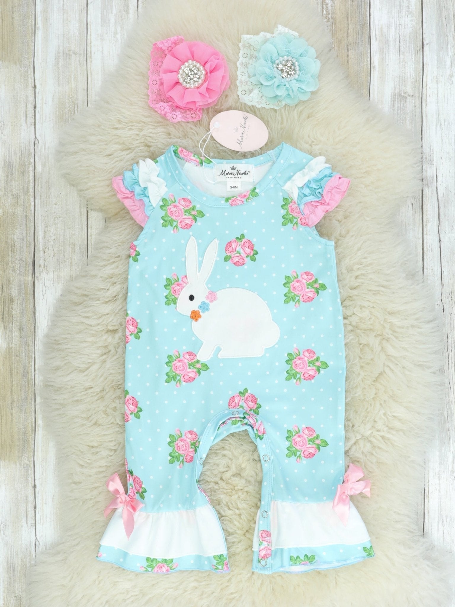 Pink & Blue Polka Dot Bunny Ruffle Romper - Marie Nicole Clothing