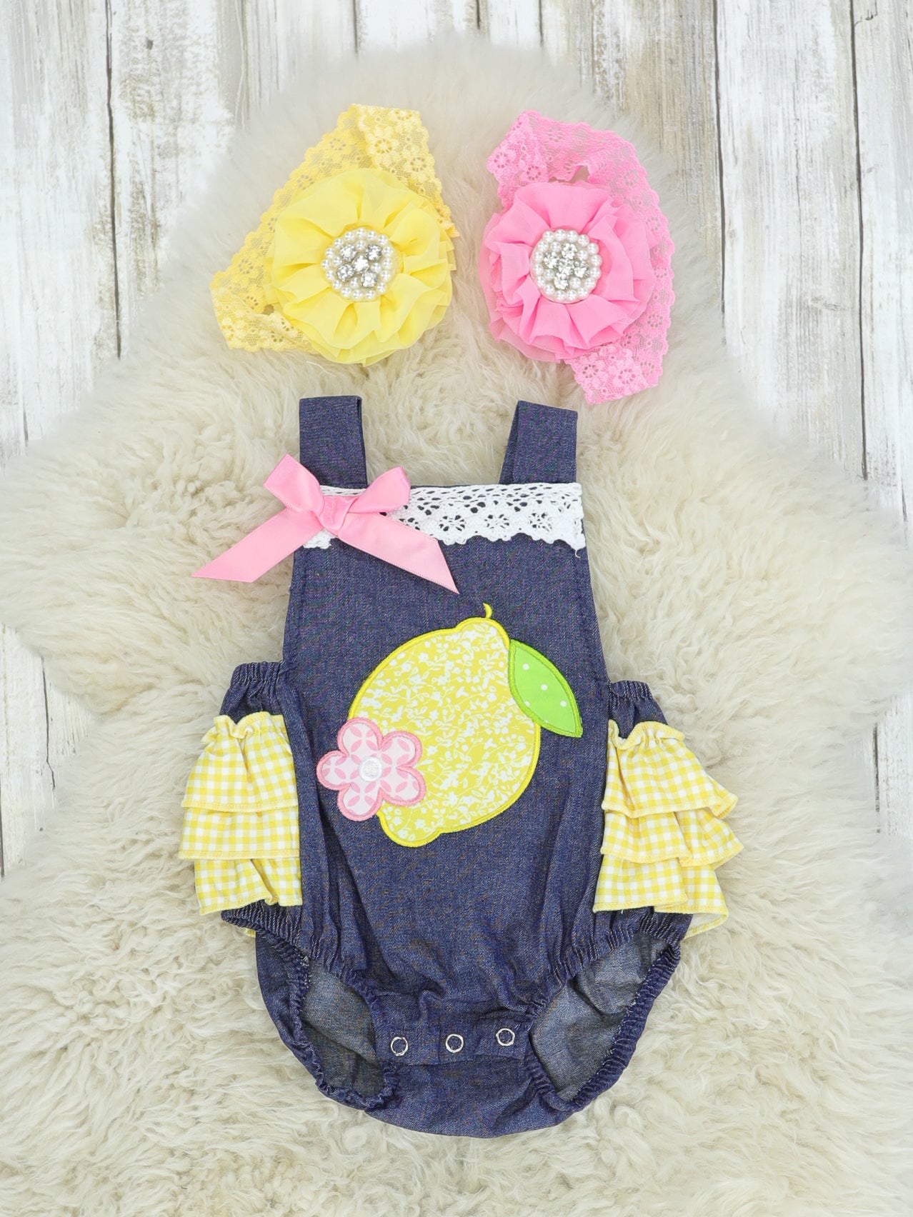 Chambray Lemon Ruffle Bubble Romper - Marie Nicole Clothing
