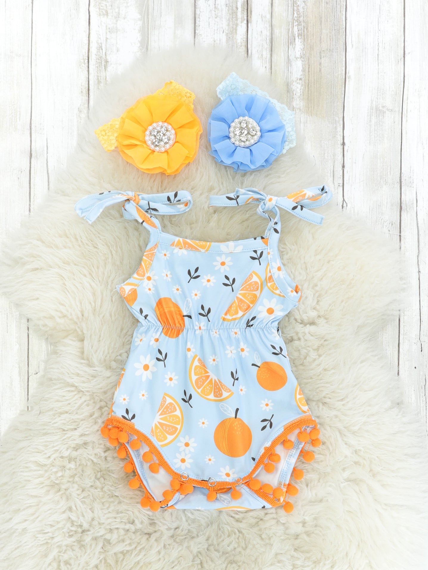 Citrus Tie Pom Pom Romper - Marie Nicole Clothing