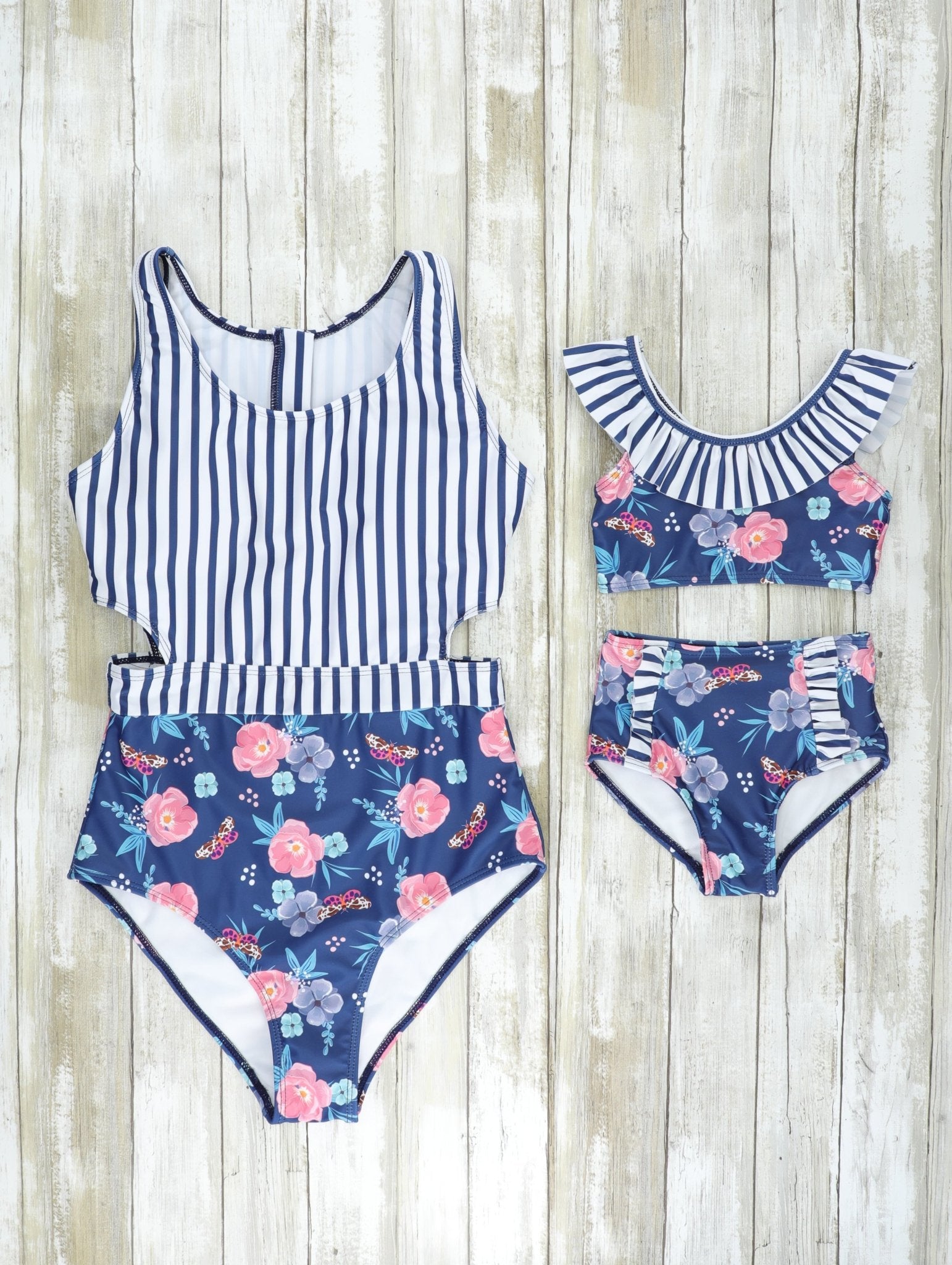 Mom & Me Navy Striped Floral Swimsuits - Marie Nicole Clothing