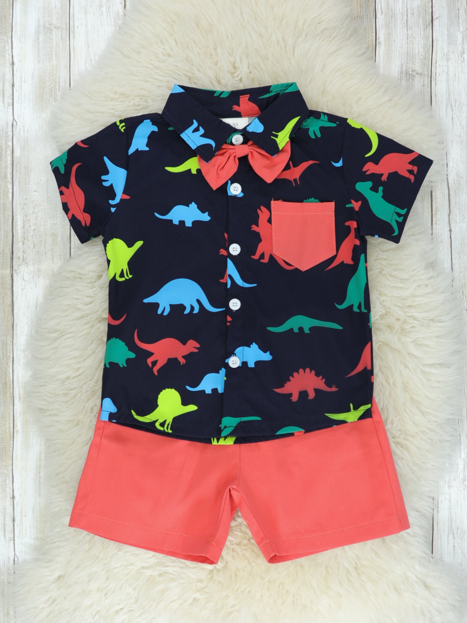 Rainbow Dinosaur Button Down & Shorts Outfit - Marie Nicole Clothing