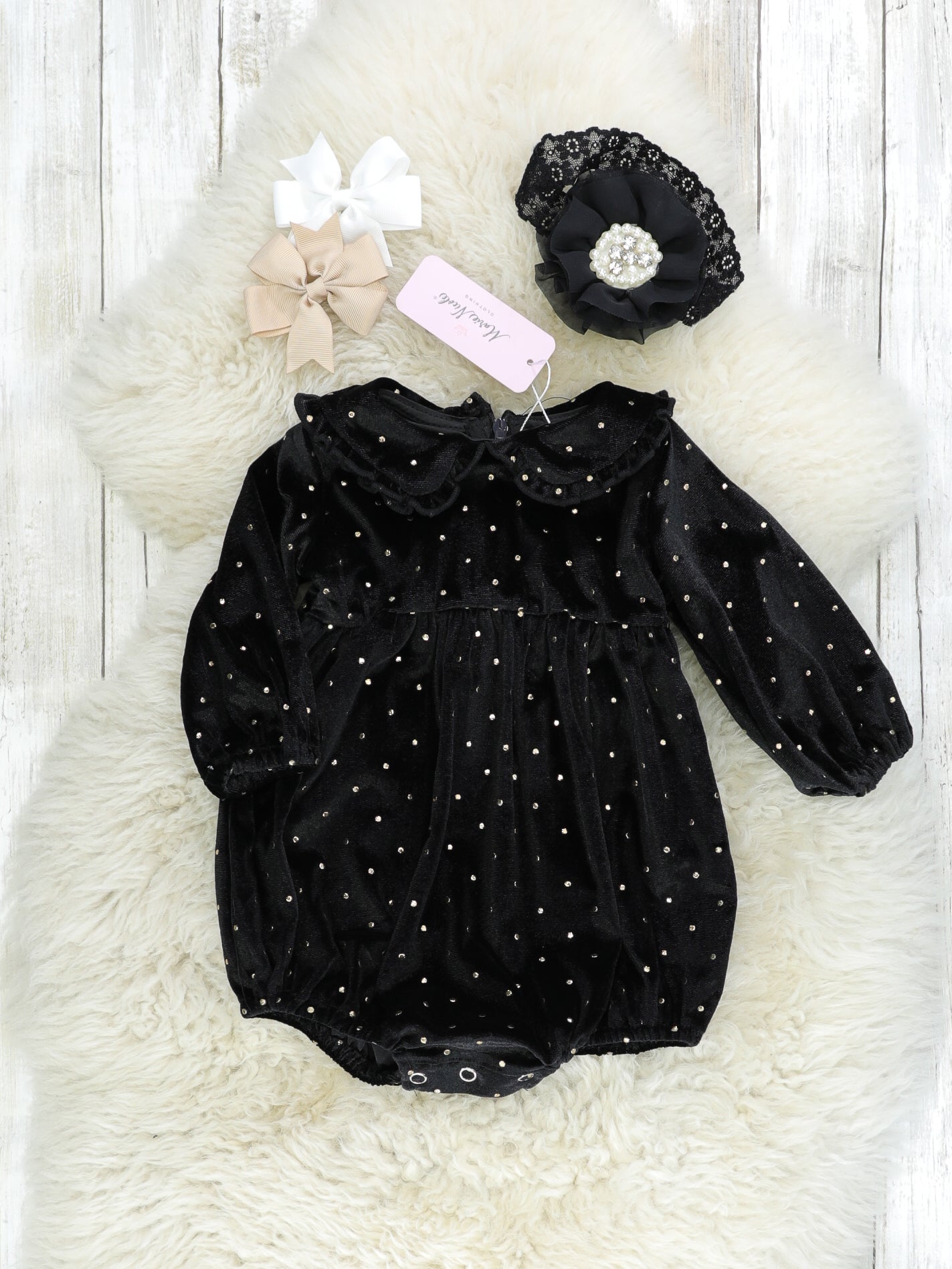 Black Polka Dotted Velvet Ruffle Romper - Marie Nicole Clothing