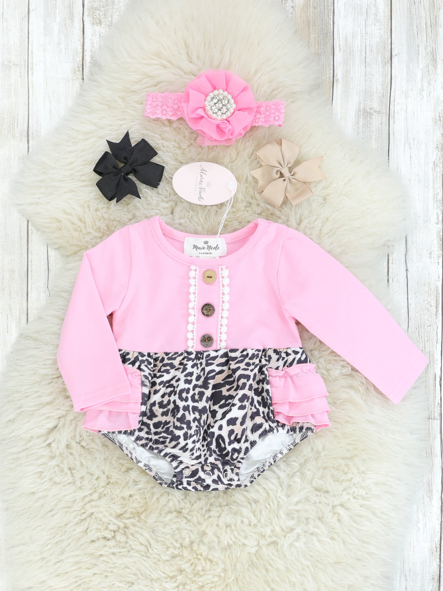 Pink Leopard Ruffle Bubble Romper - Marie Nicole Clothing