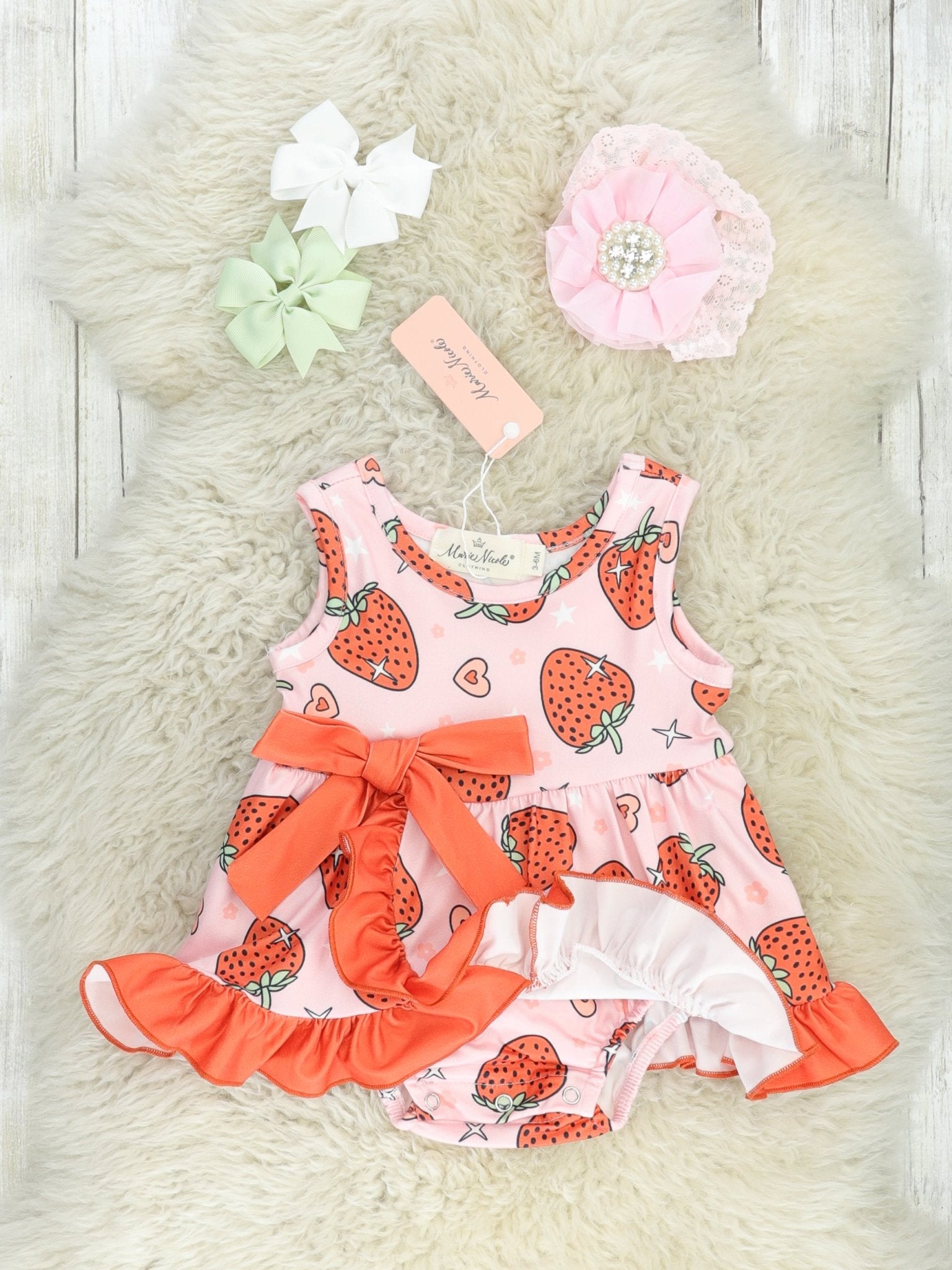 Pink & Red Strawberry Ruffle Dressy Bubble Romper - Marie Nicole Clothing
