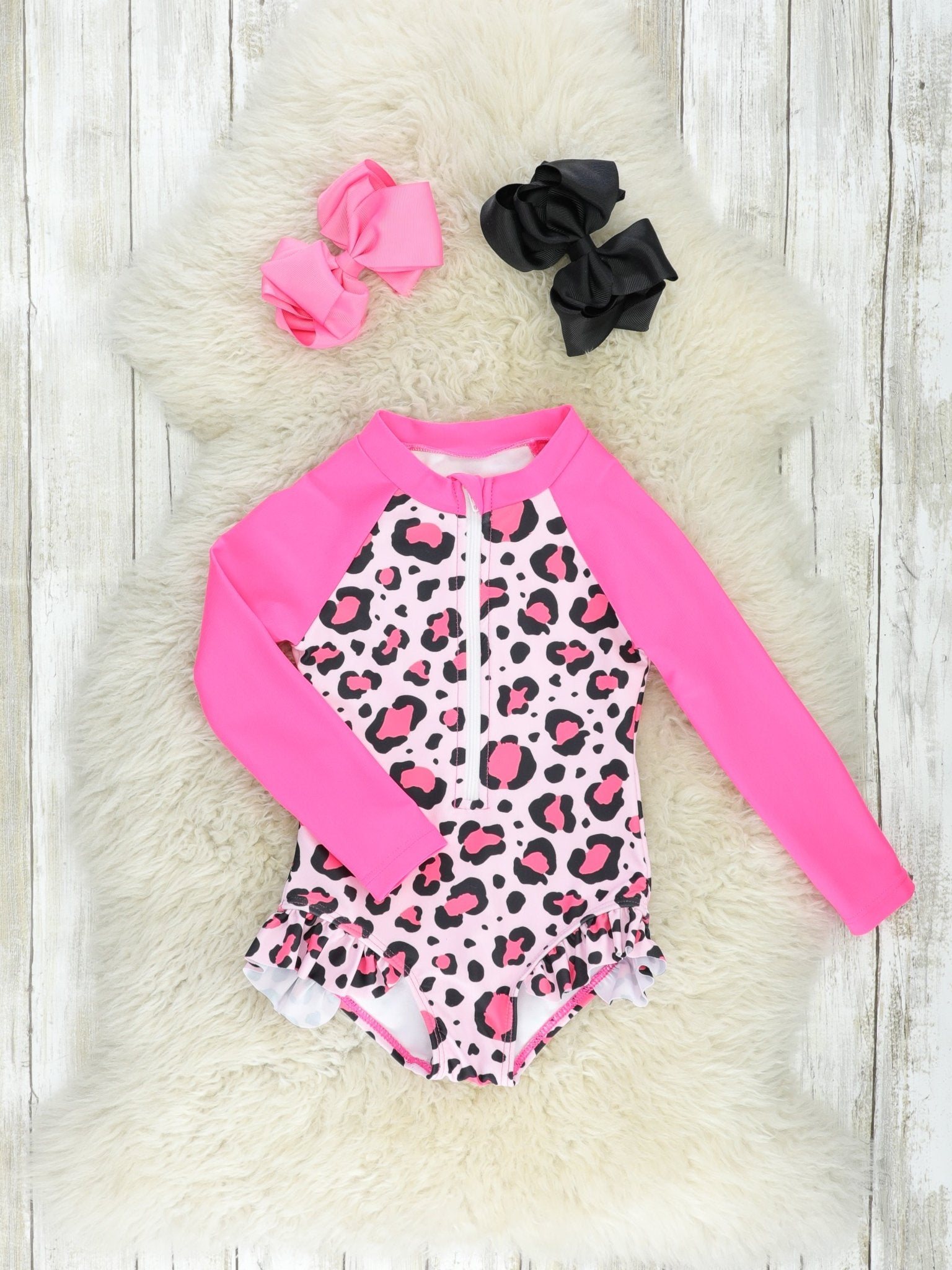 Pink Leopard Raglan Rash Guard Swimsuit - Marie Nicole Clothing