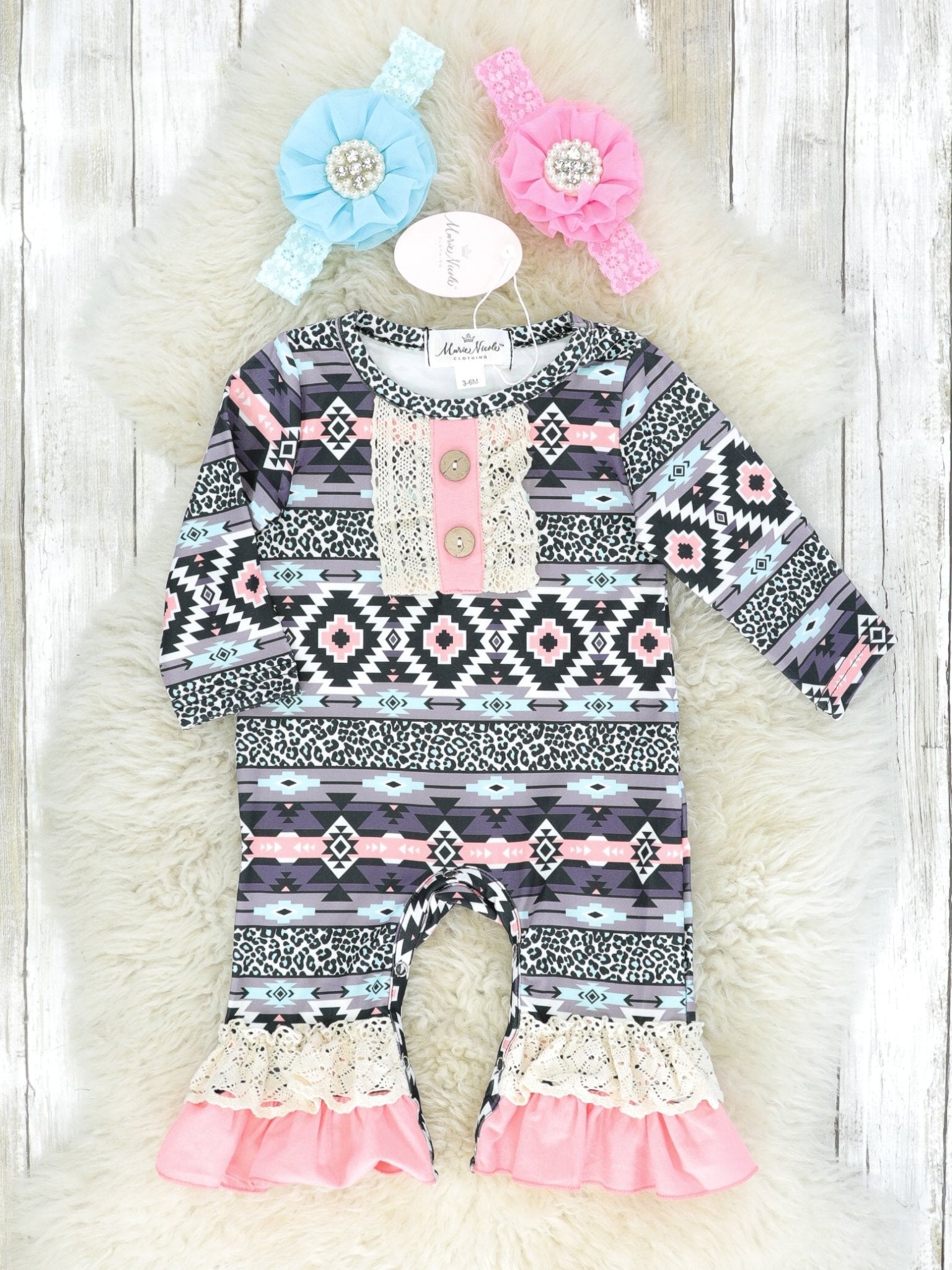 Aztec Crochet Ruffle Romper - Marie Nicole Clothing