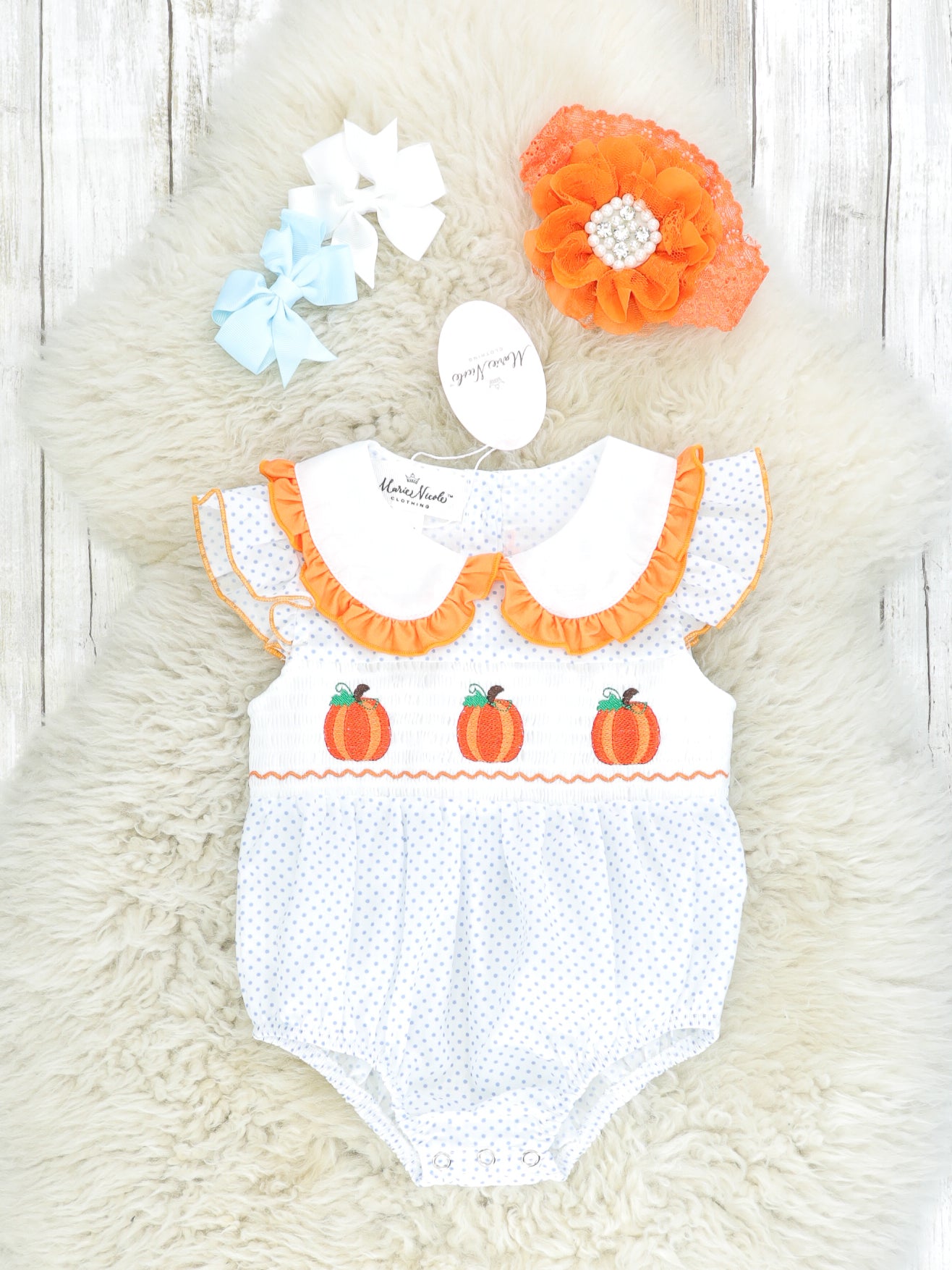 Light Blue Smocked Pumpkin Romper - Marie Nicole Clothing
