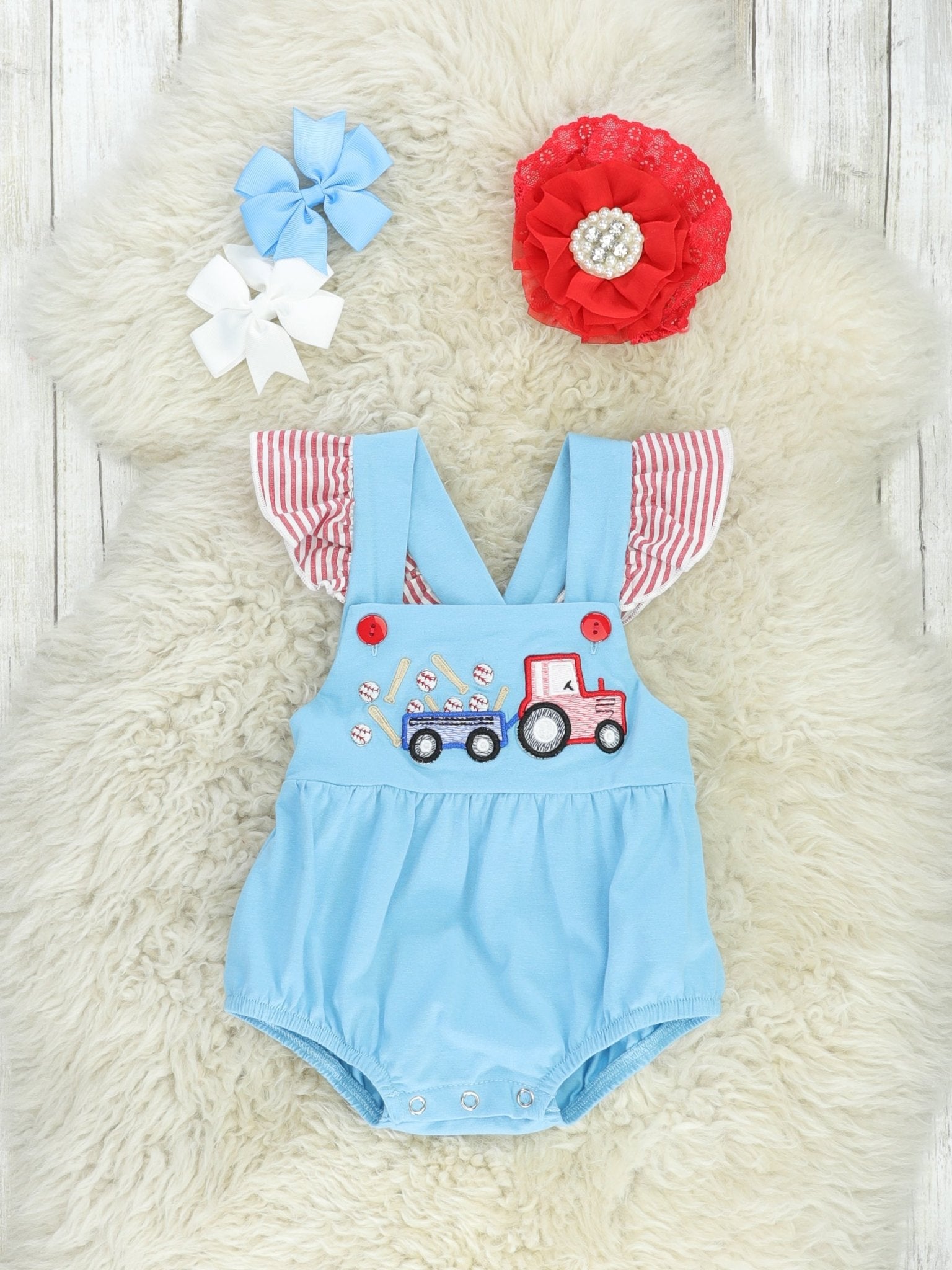 Striped Baseball Truck Ruffle Bubble Romper - Marie Nicole Clothing