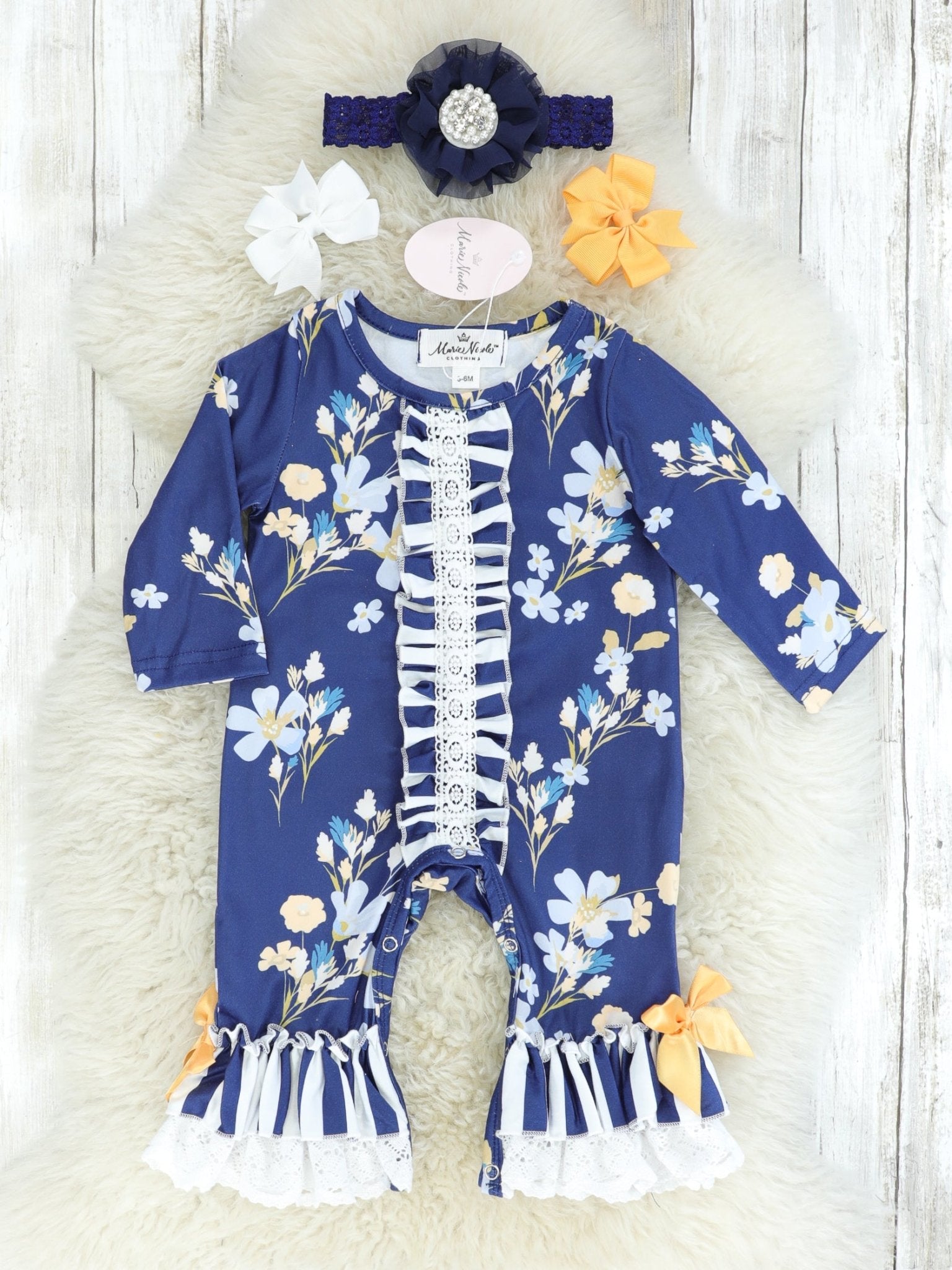 Navy Floral Lace Ruffle Romper - Marie Nicole Clothing
