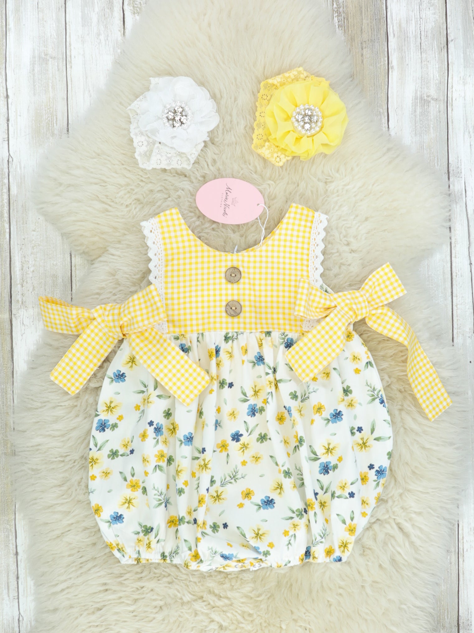 Yellow Check Floral Romper - Marie Nicole Clothing