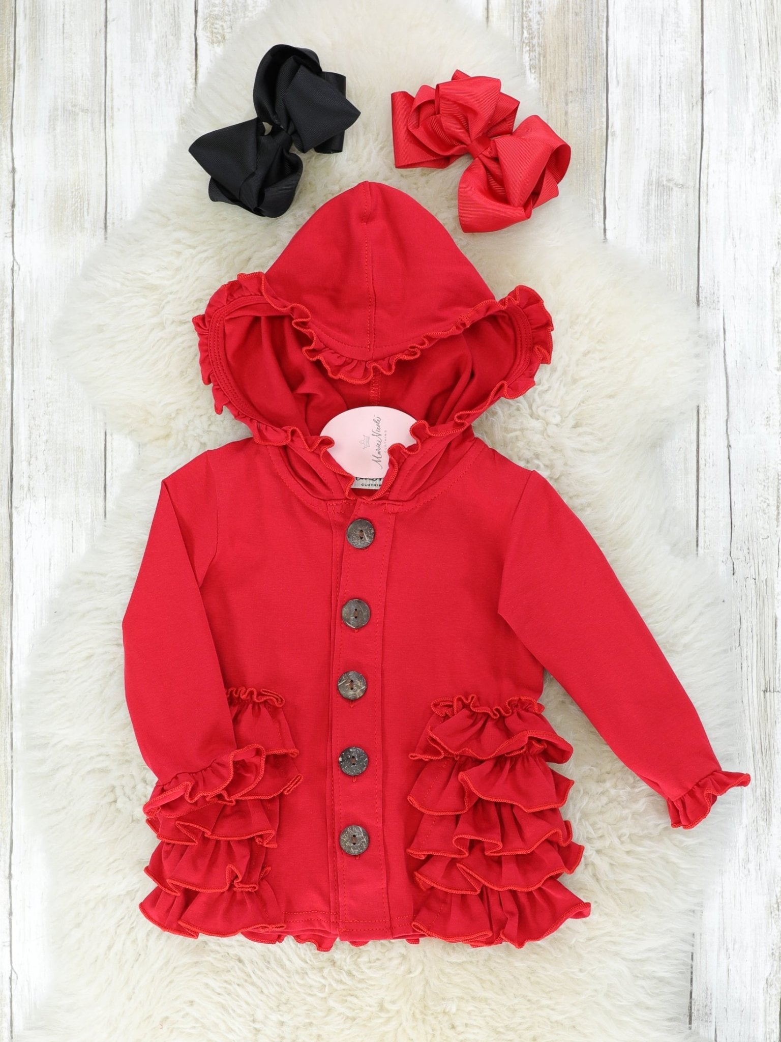 Cotton Ruffle Hooded Cardigan - Black & Red - Marie Nicole Clothing