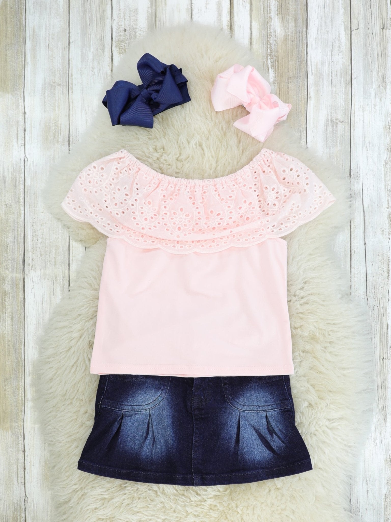Light Pink Top & Denim Skirt Outfit - Marie Nicole Clothing