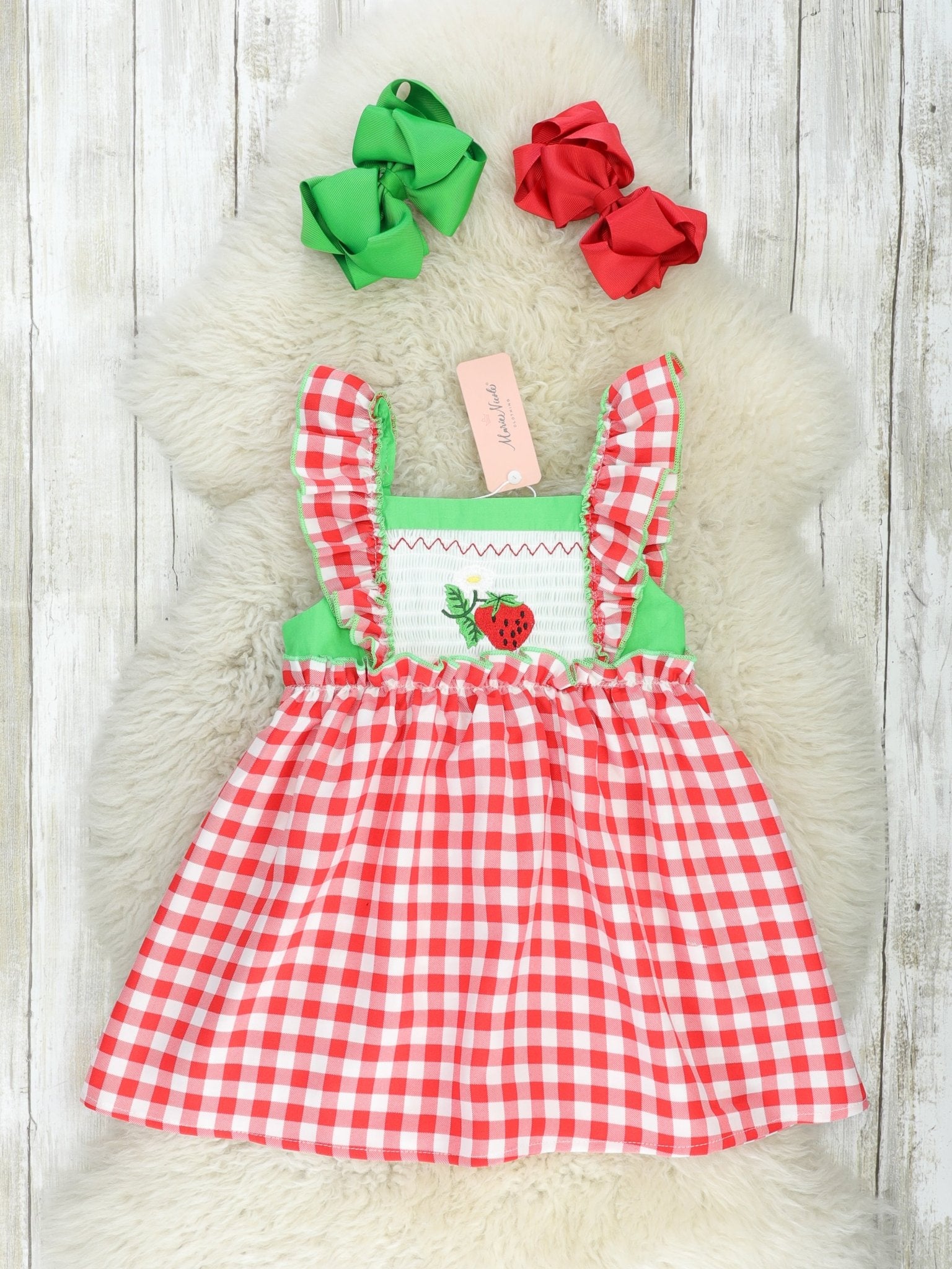 Red Gingham Strawberry Smocked Tank Dress - Marie Nicole Clothing