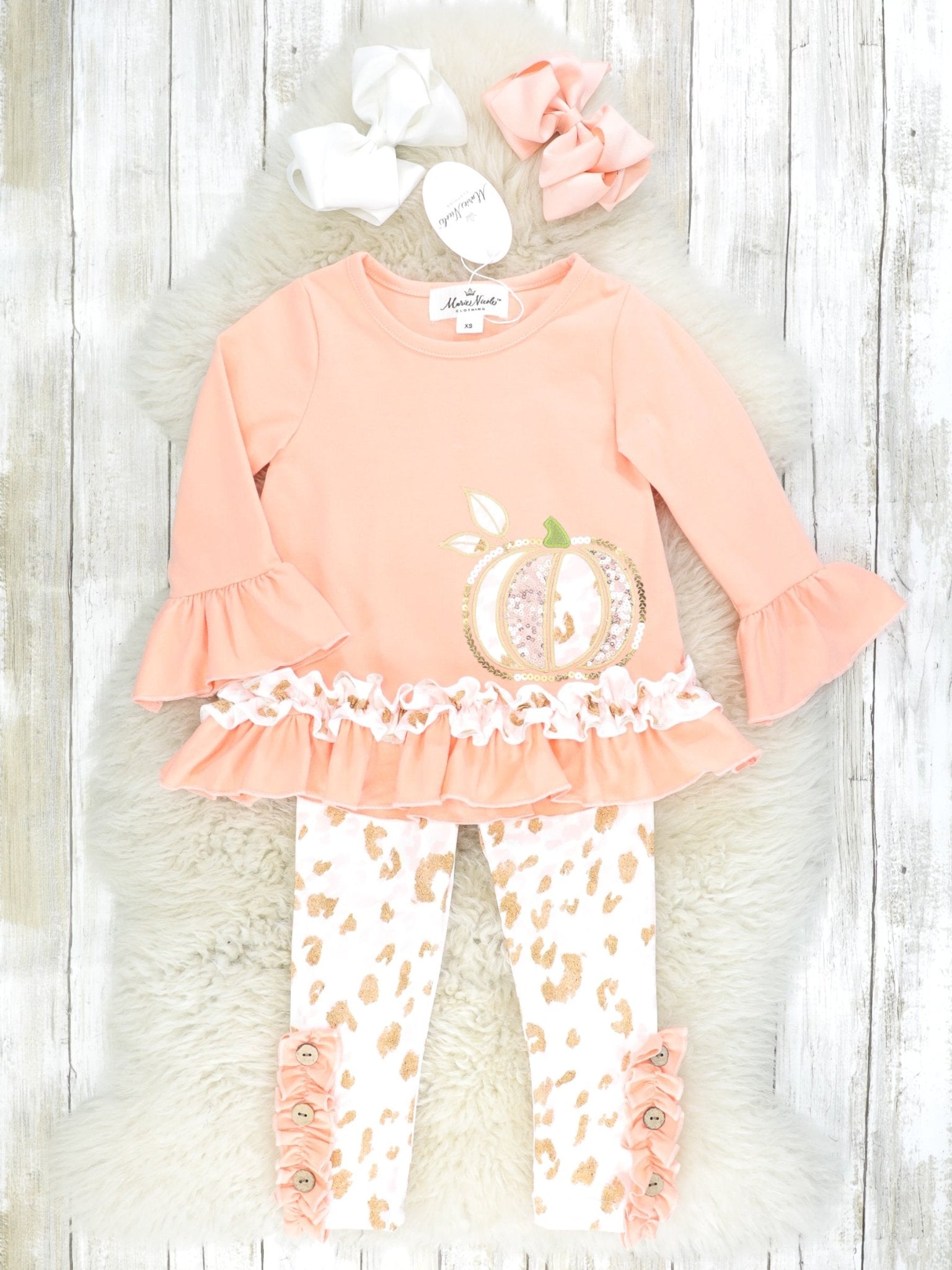 Peach & Gold Sequin Leopard Pumpkin Ruffle Outfit - Marie Nicole Clothing