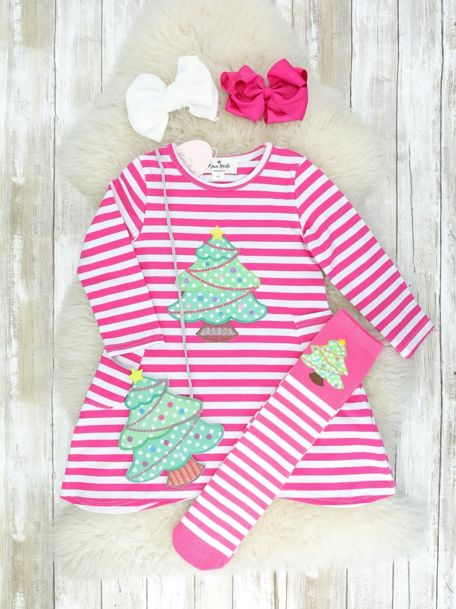 Pink Striped Christmas Tree 3 Piece Set - Marie Nicole Clothing