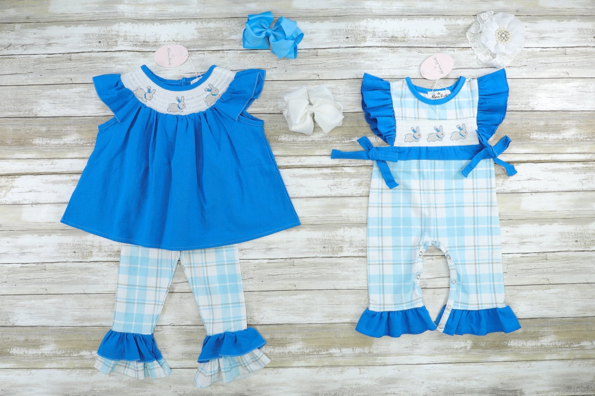 Blue Smocked Easter Bunny Ruffle Outfit - Marie Nicole Clothing