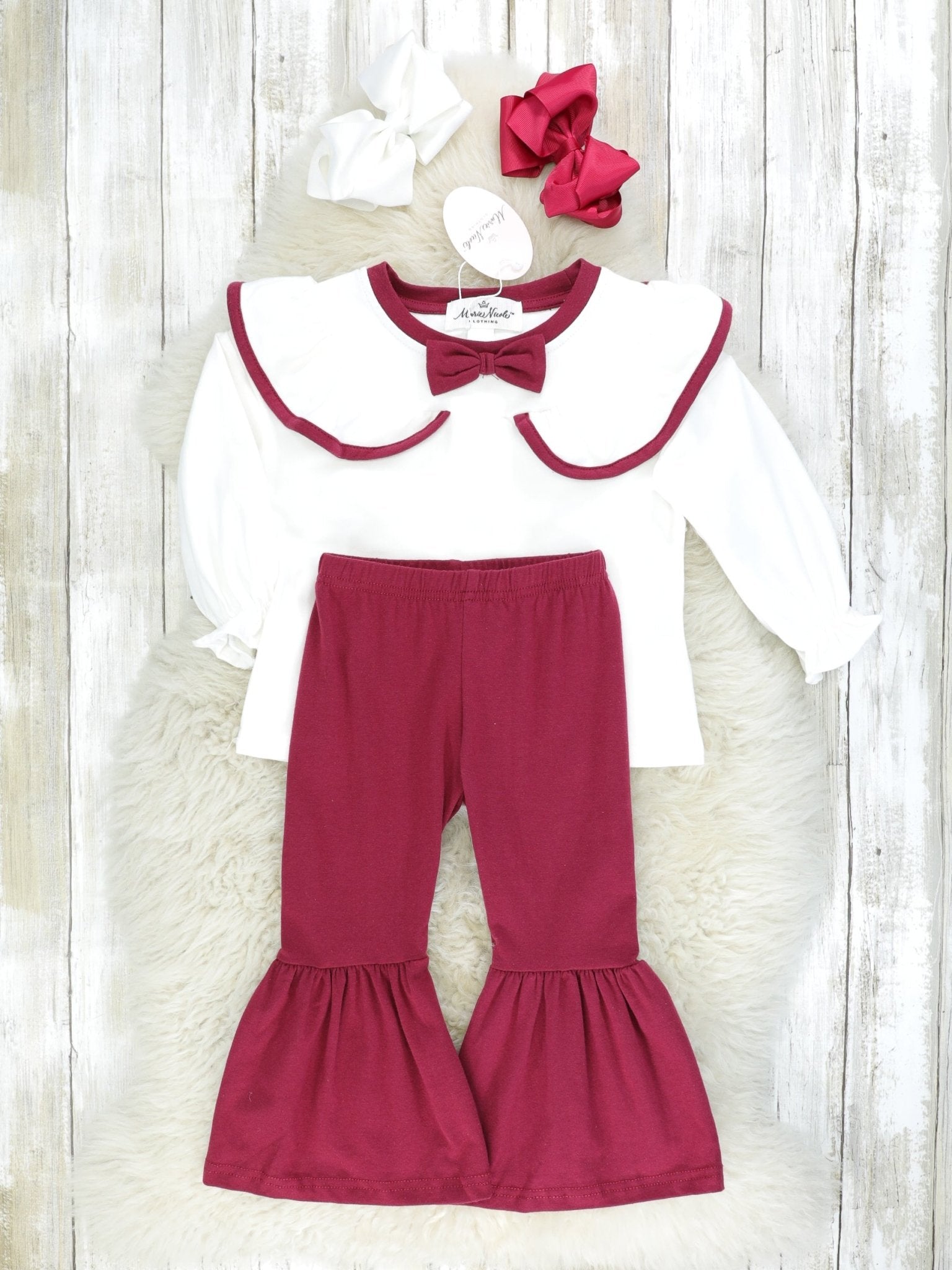 Burgundy & White Bell Bottom Outfit - Marie Nicole Clothing