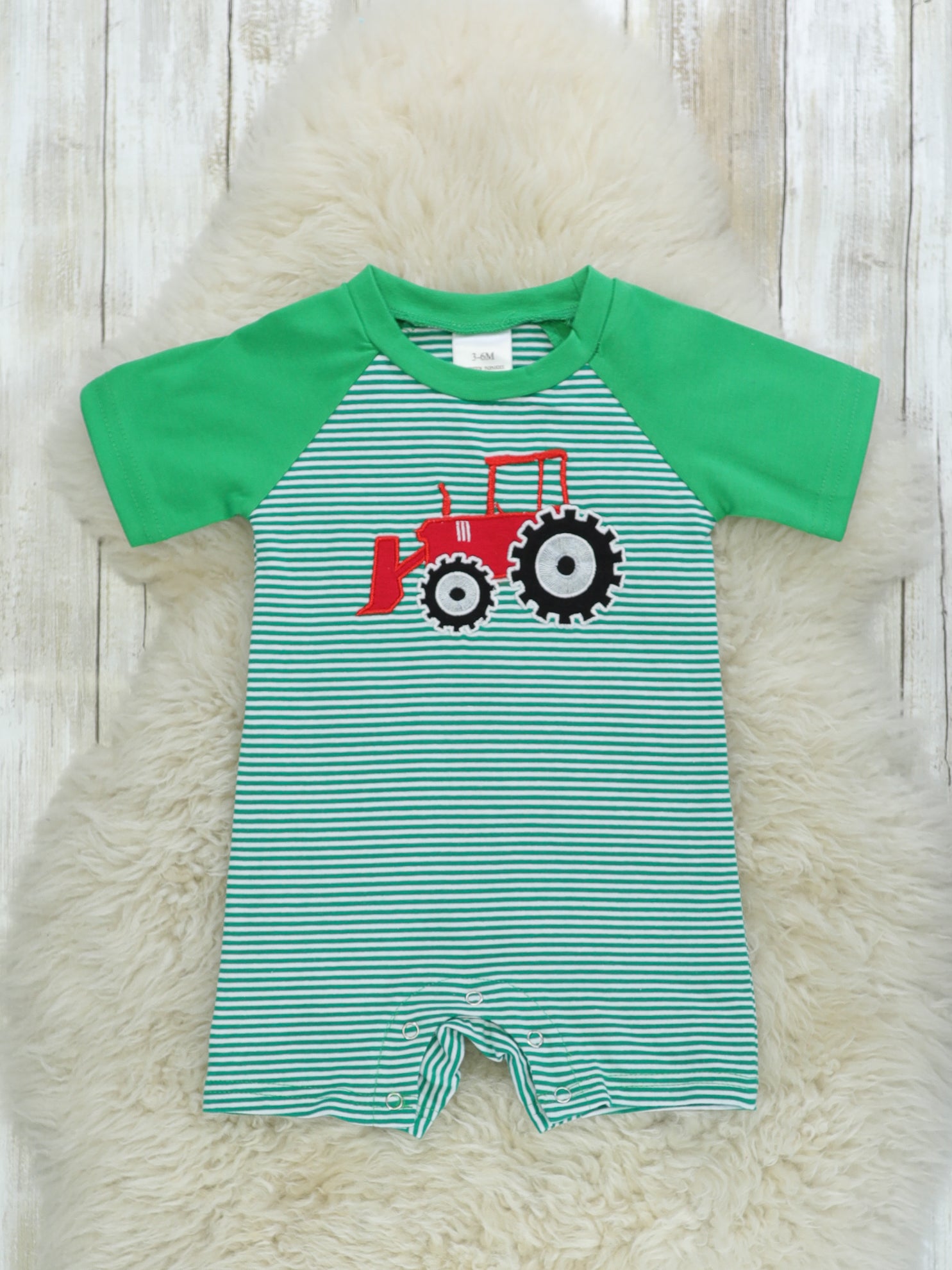 Green Striped Tractor Raglan Romper - Marie Nicole Clothing
