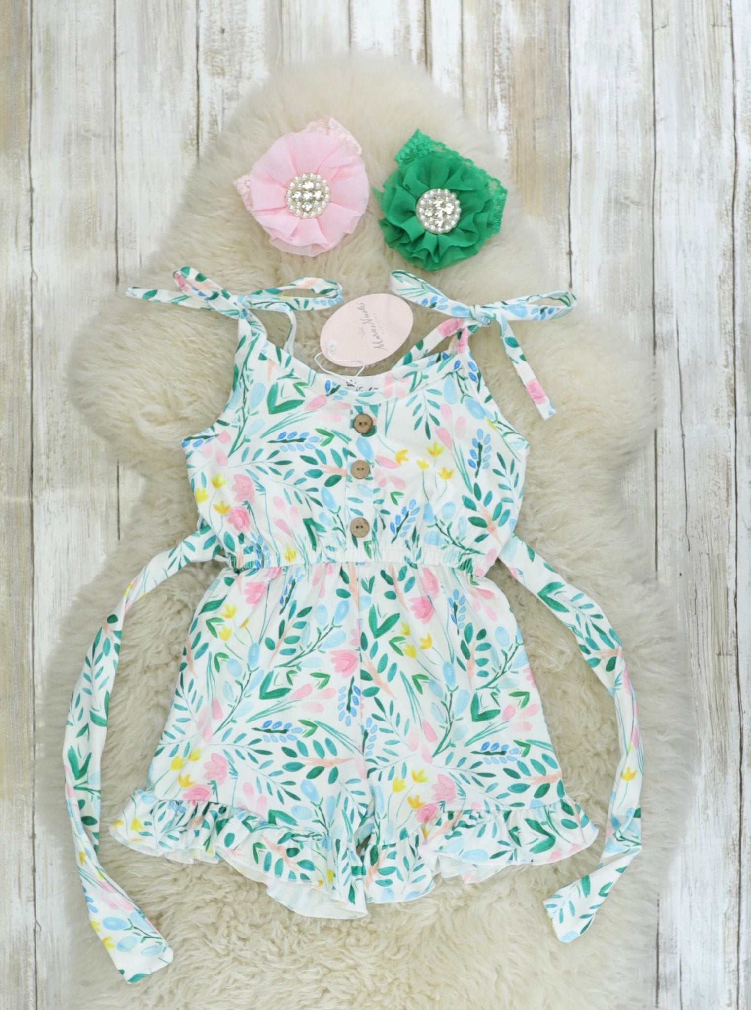 Green, Blue, & Pink Floral Romper - Marie Nicole Clothing
