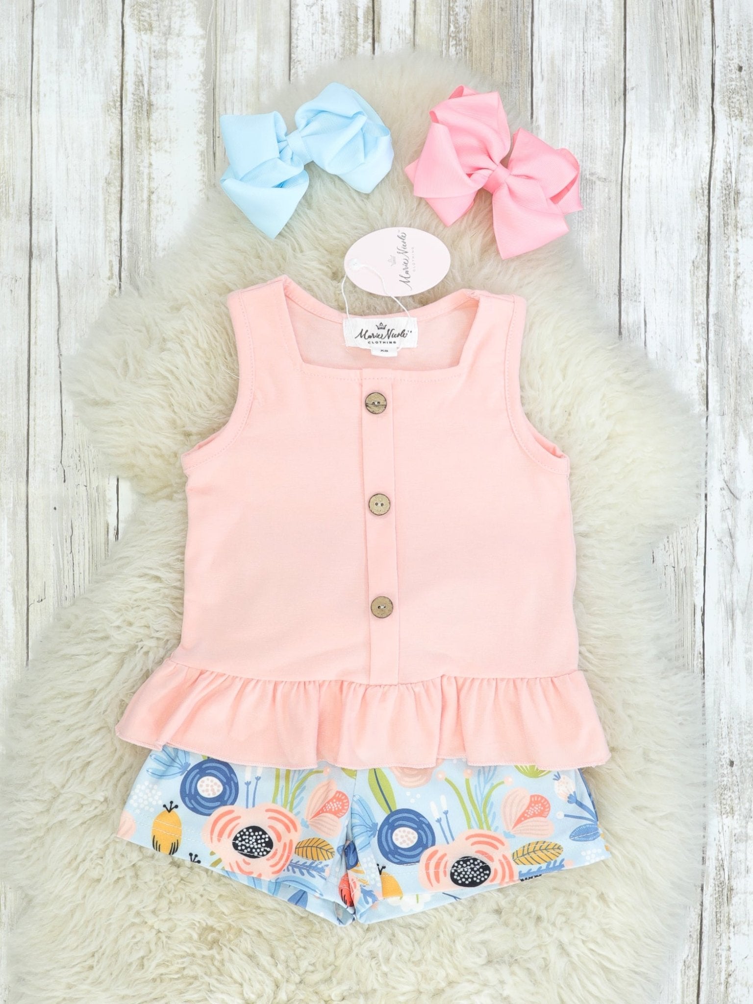 Peach Ruffle Tank & Floral Shorts Outfit - Marie Nicole Clothing