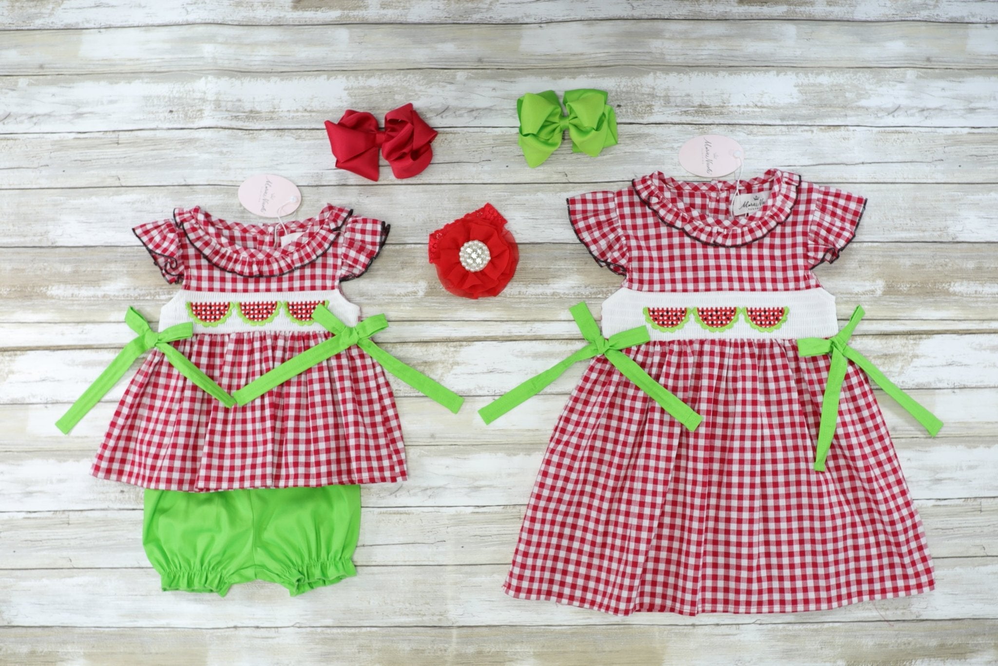 Smocked Watermelon Red Checked Dress - Marie Nicole Clothing