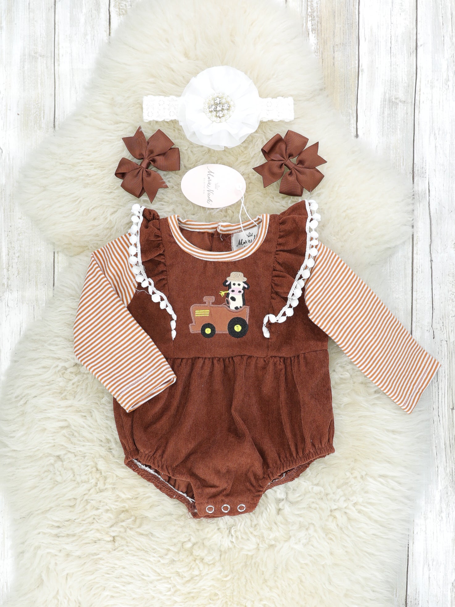 Brown Striped Cow Farmer Ruffle Romper - Marie Nicole Clothing