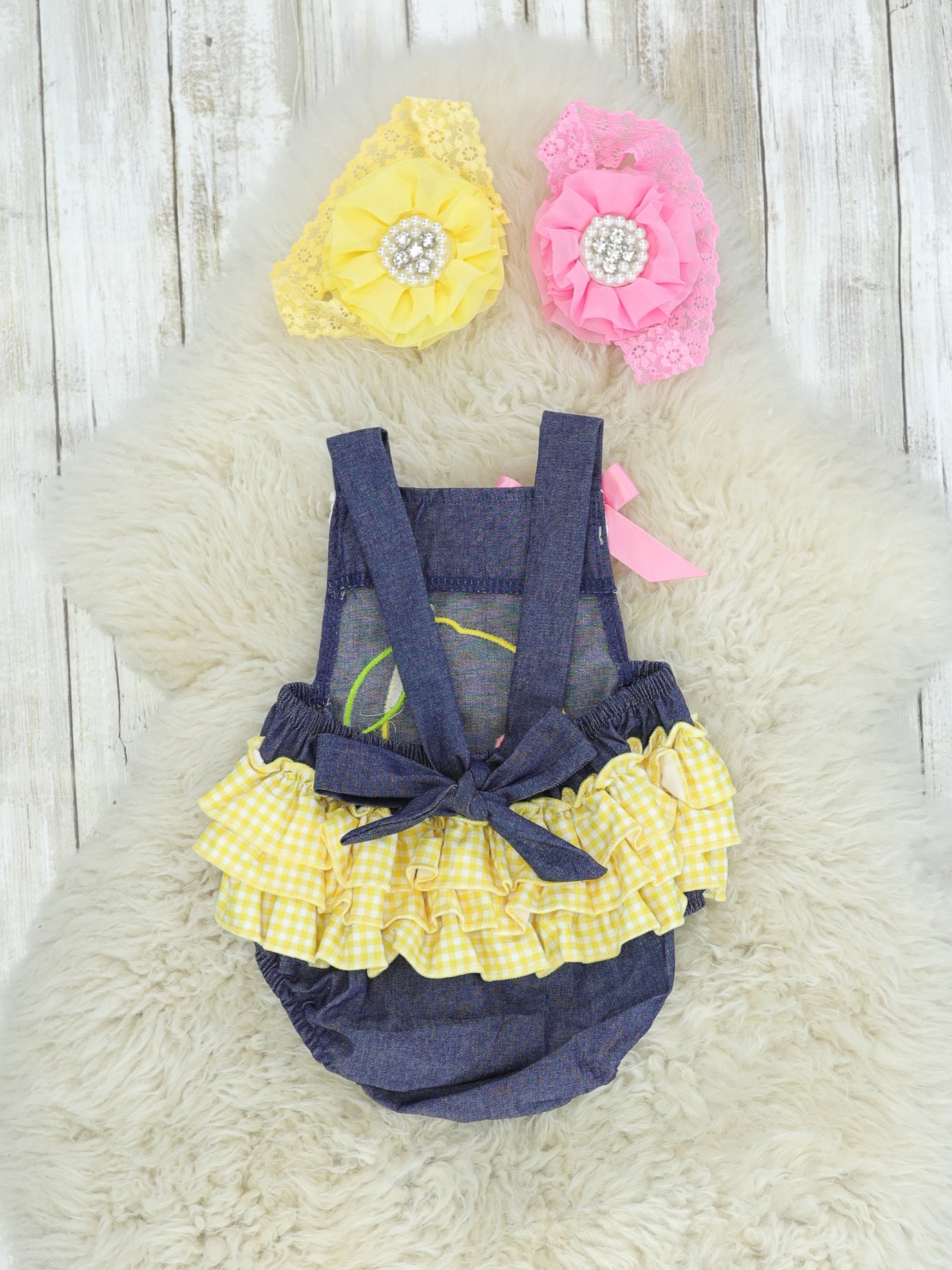 Chambray Lemon Ruffle Bubble Romper - Marie Nicole Clothing
