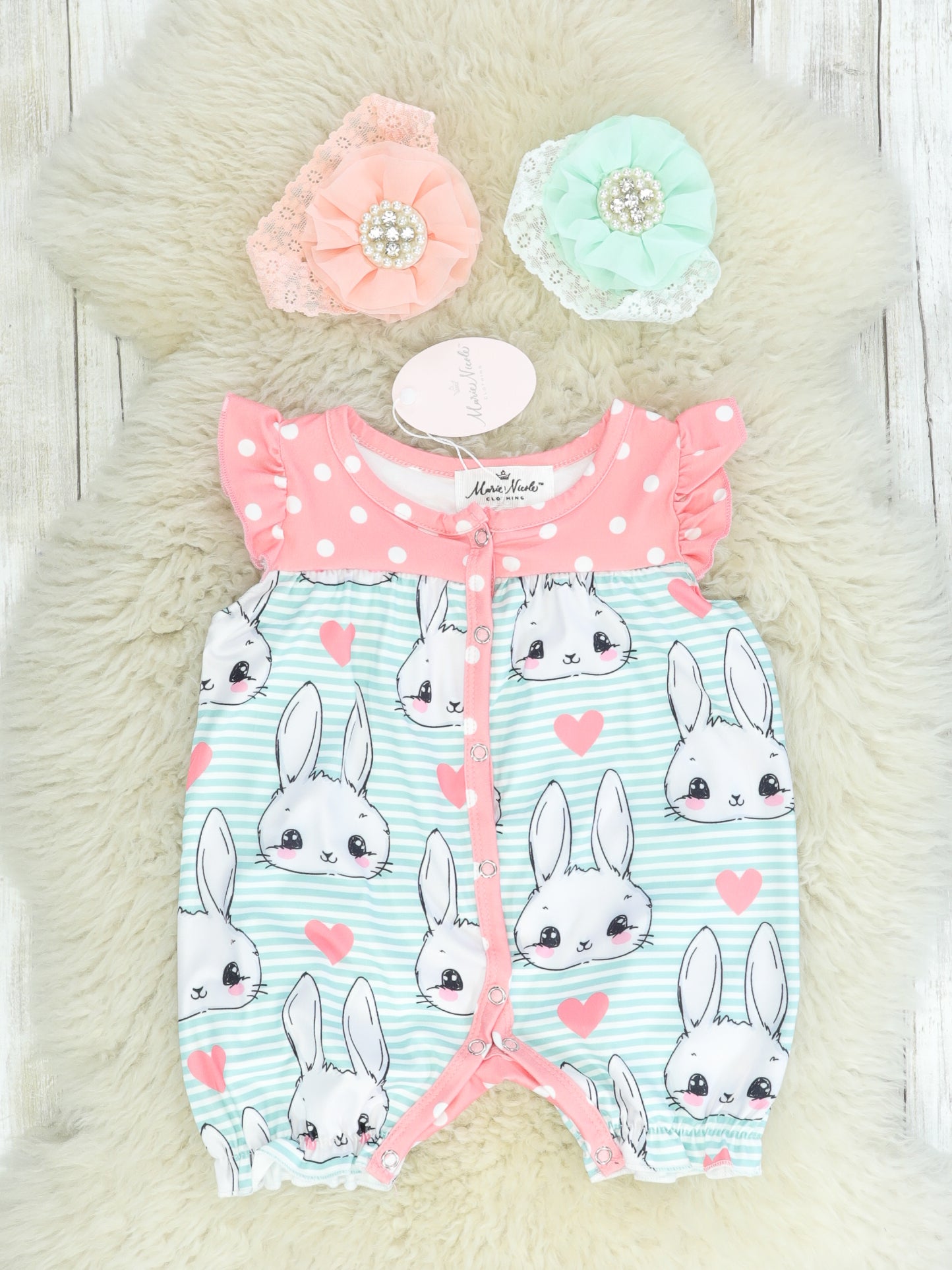 Coral Striped Bunny Love Bubble Romper - Marie Nicole Clothing