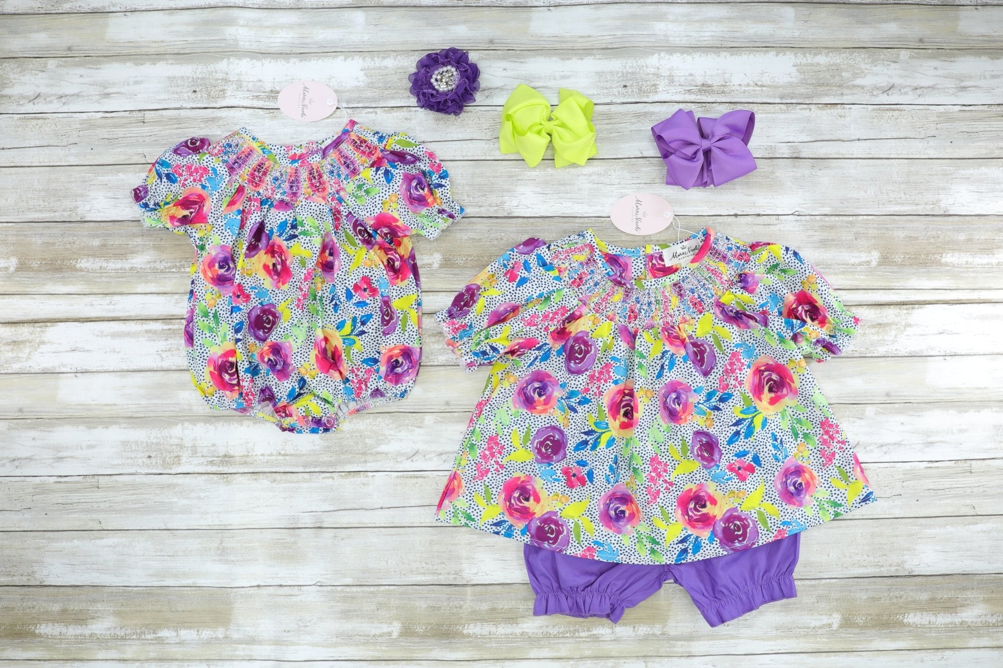 Smocked Bright Rose Top & Purple Bottoms Outfit - Marie Nicole Clothing