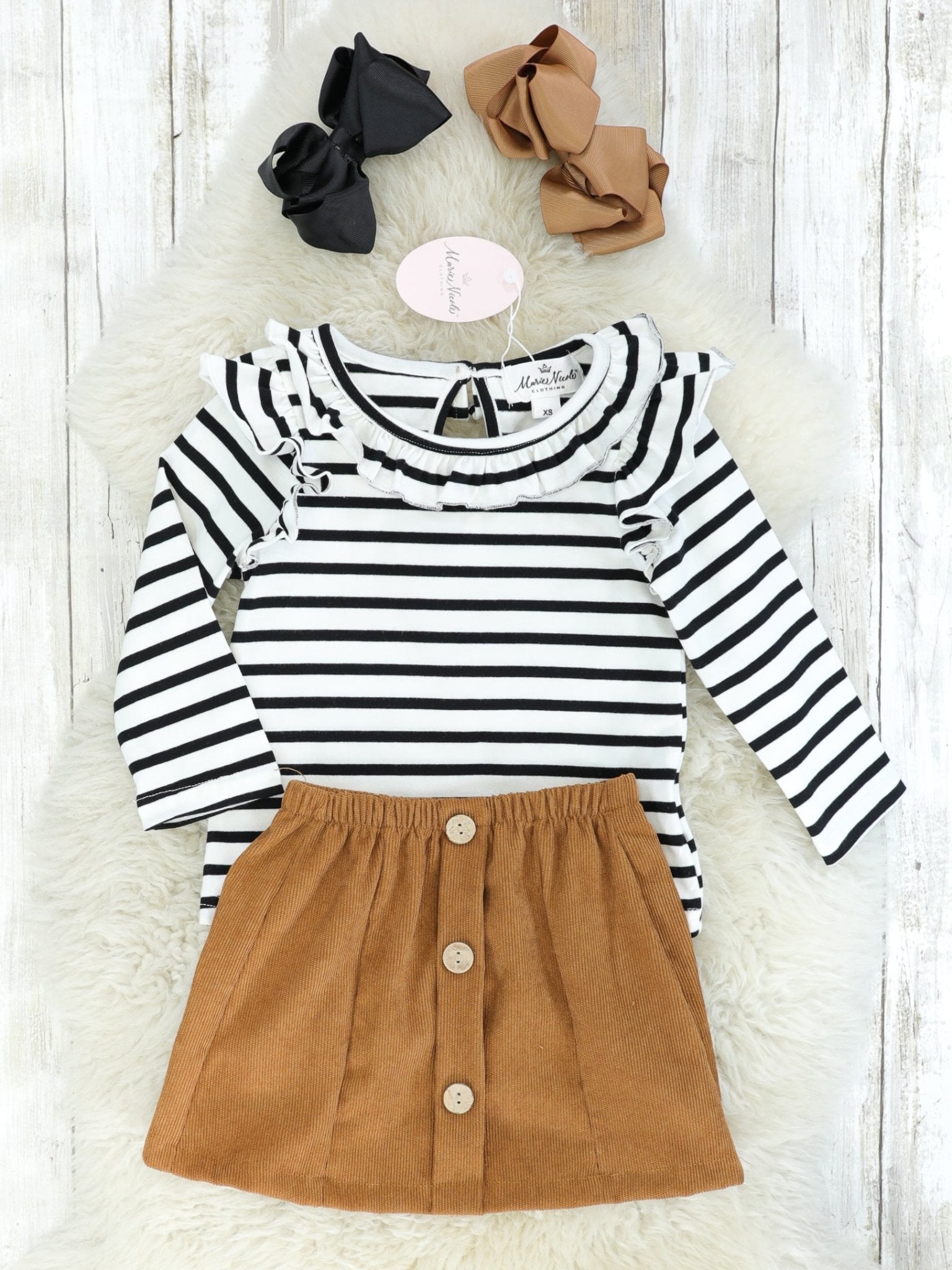 Striped Ruffle Long Sleeve Top & Brown Button Skirt Outfit - Marie Nicole Clothing