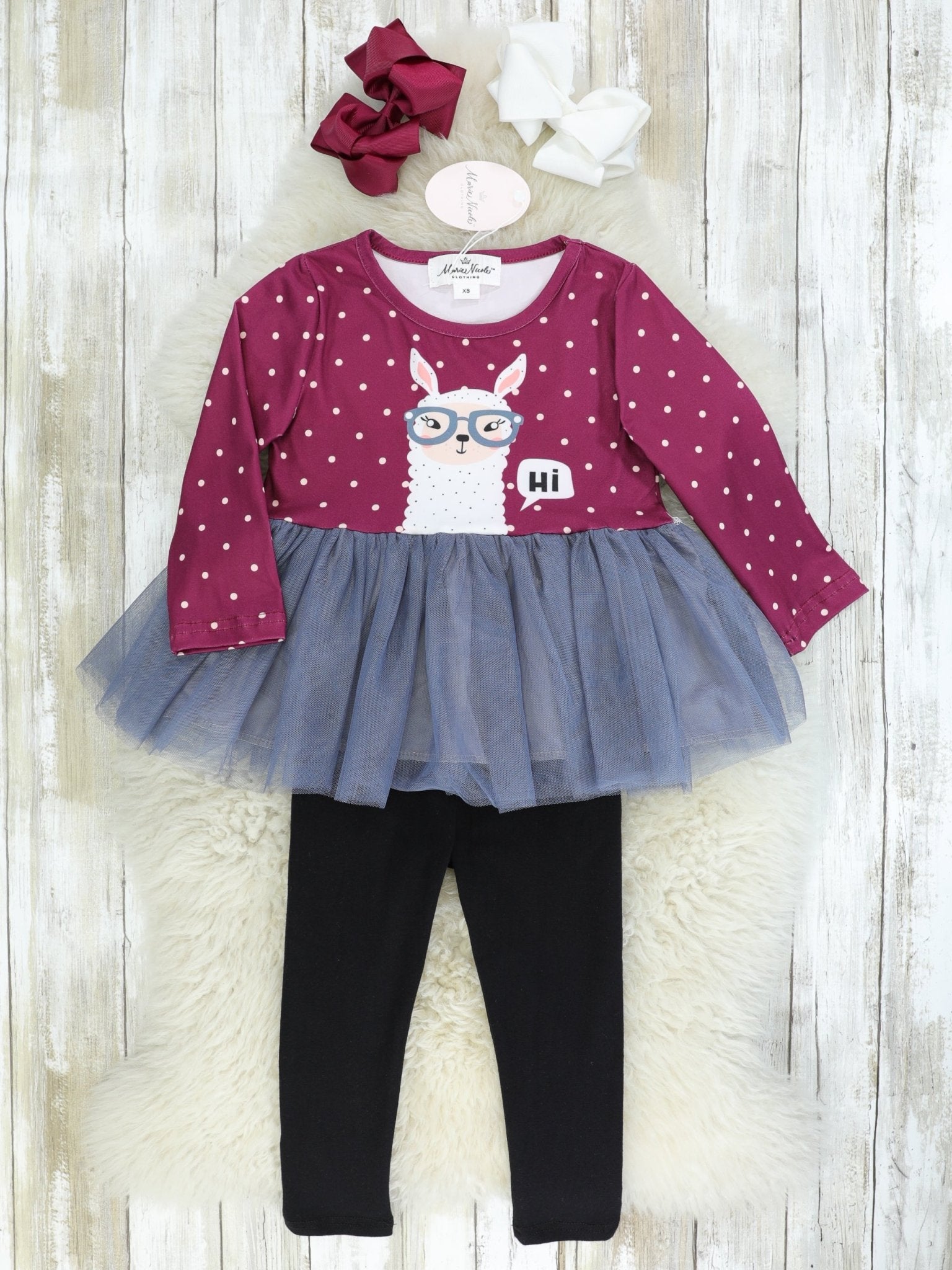 Mulberry & Pink Polka Dot "Hi" Llama Tulle Top & Black Bottoms Outfit - Marie Nicole Clothing