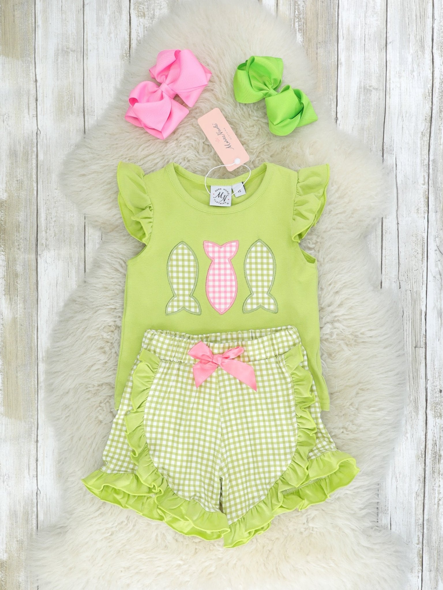 Green Gingham Fish Ruffle Outfit - Marie Nicole Clothing