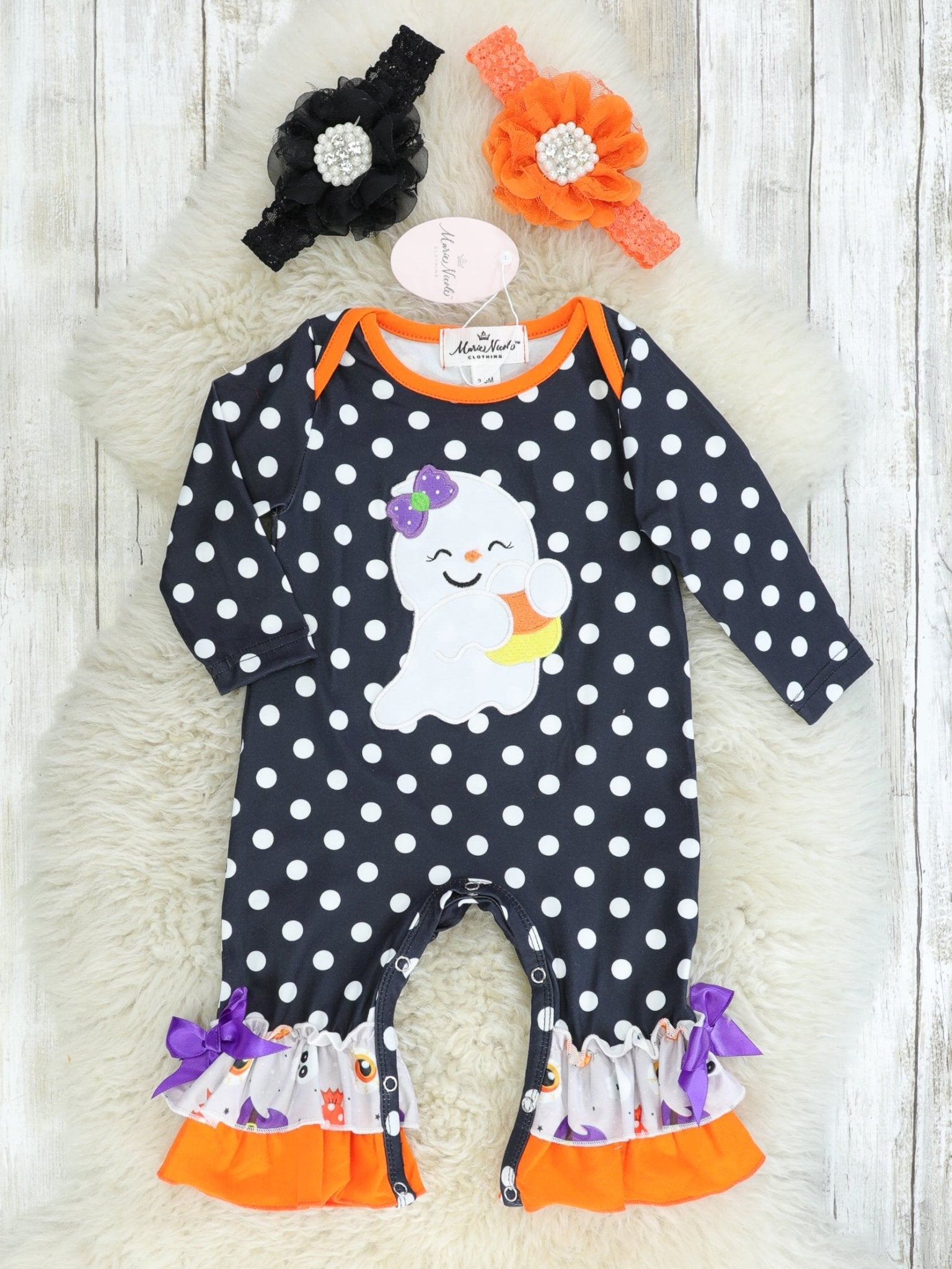 Polka Dot Candy Corn Ghost Romper - Marie Nicole Clothing