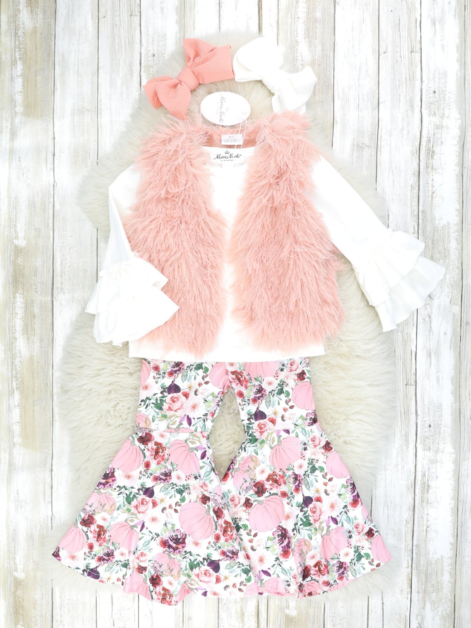 Mauve Fuzzy Vest & Floral Bell Bottoms Outfit - Marie Nicole Clothing