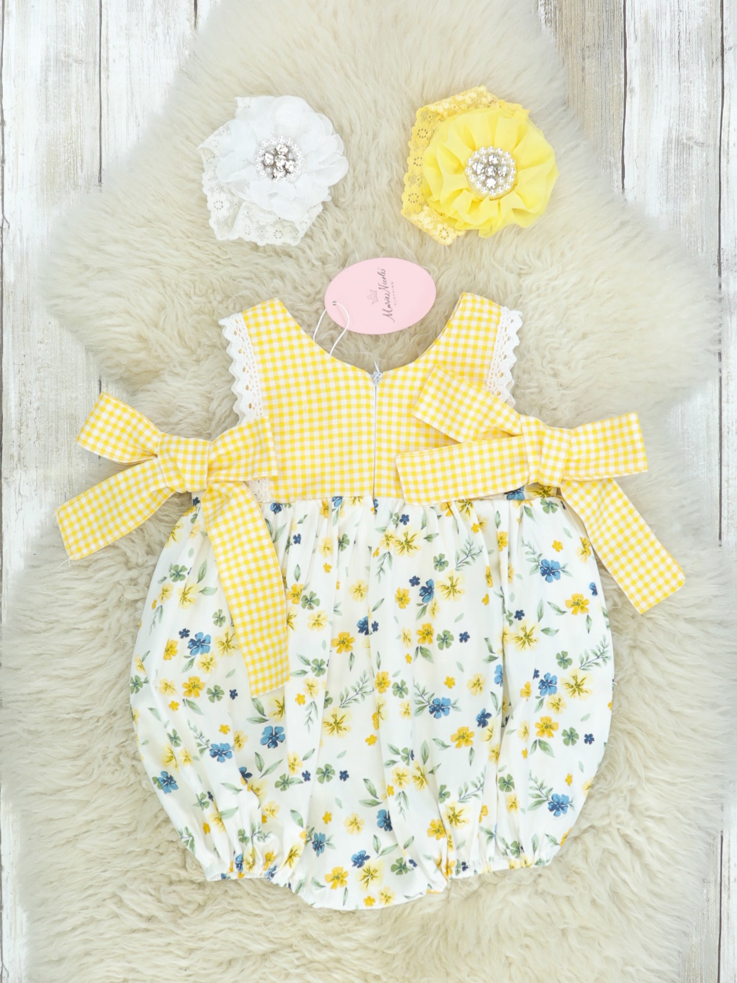 Yellow Check Floral Romper - Marie Nicole Clothing