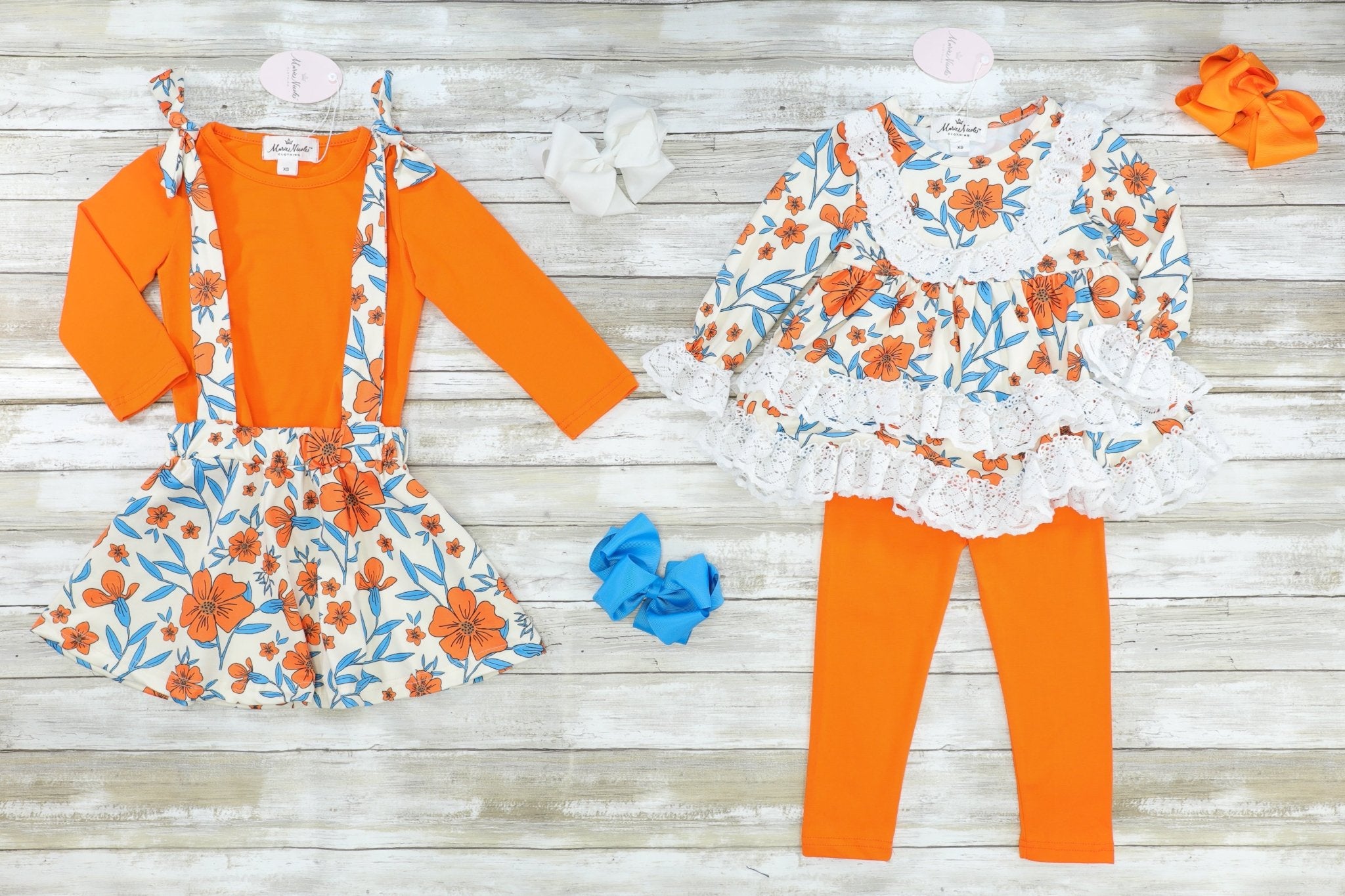 Orange & Blue Floral Overall Skirt W/ Long Sleeve - Marie Nicole Clothing