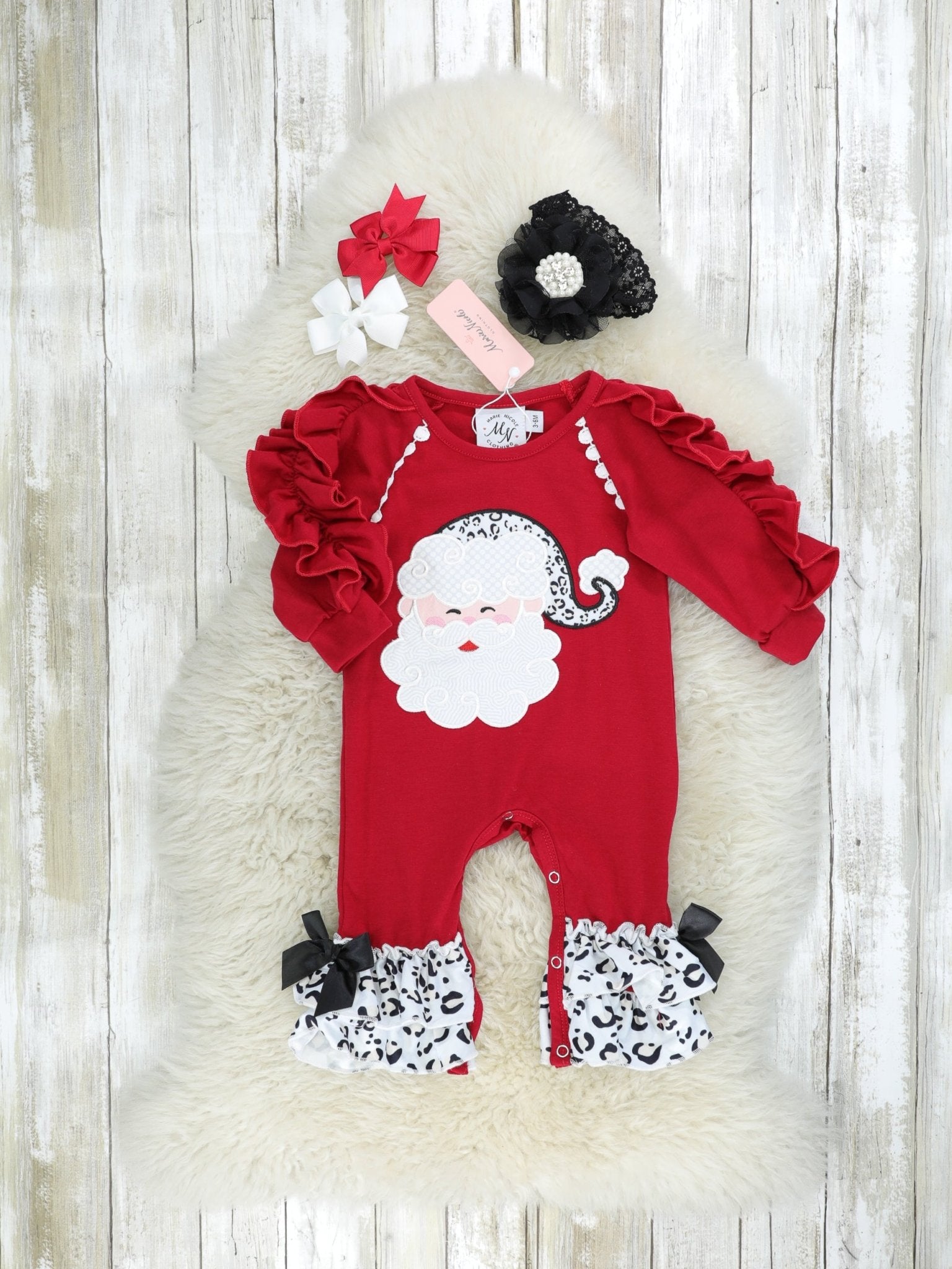 Snow Leopard Santa Ruffle Romper - Marie Nicole Clothing