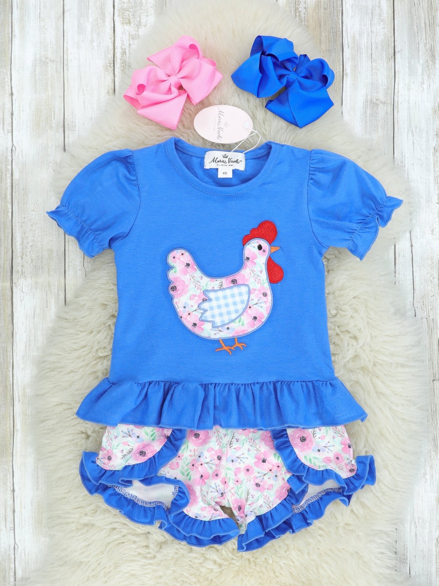 Blue Spring Chicken Ruffle Shirt & Shorts Outfit - Marie Nicole Clothing