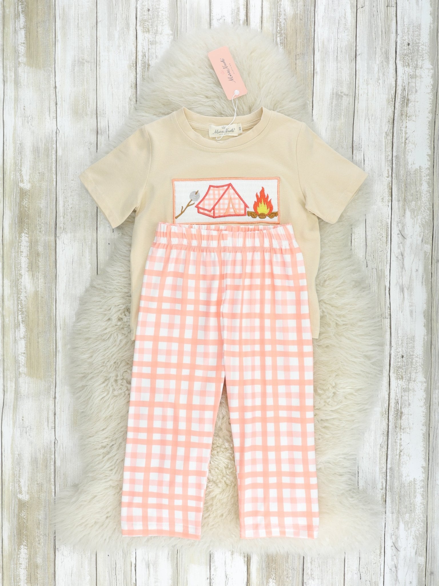 Tan Smocked Camping Outfit - Marie Nicole Clothing