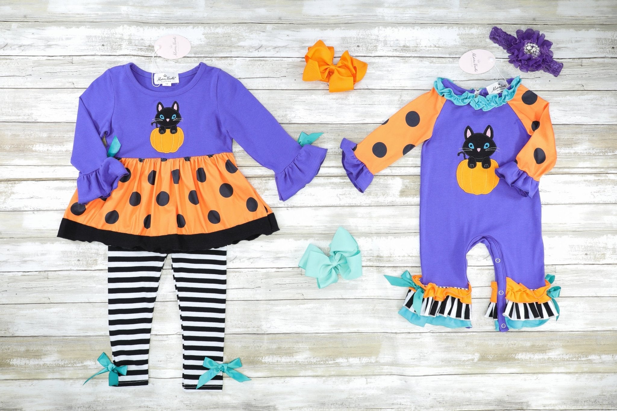 Purple Cat Pumpkin Polka Dot Ruffle Romper - Marie Nicole Clothing