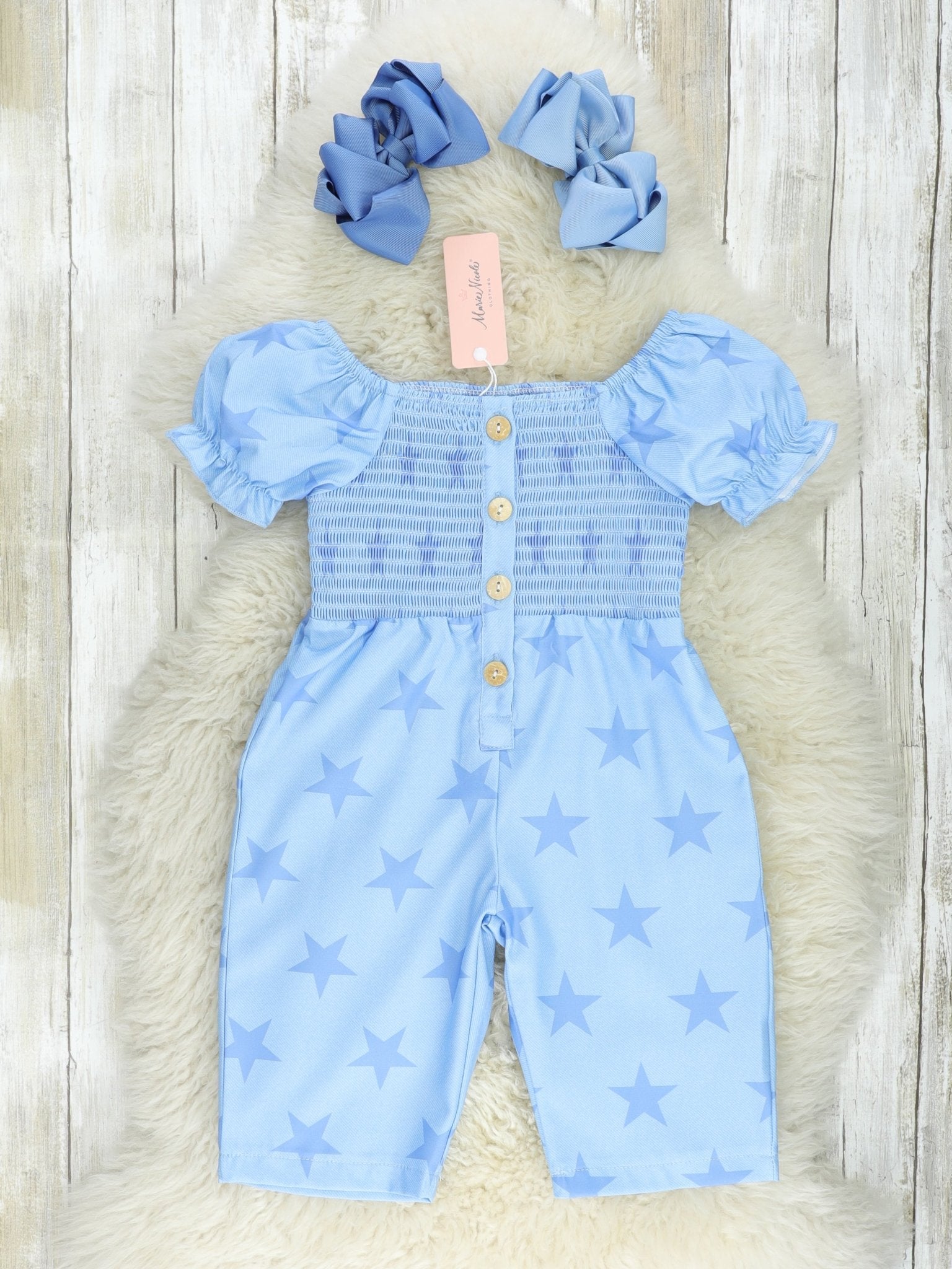 Blue Smocked Star Jumpsuit - Marie Nicole Clothing