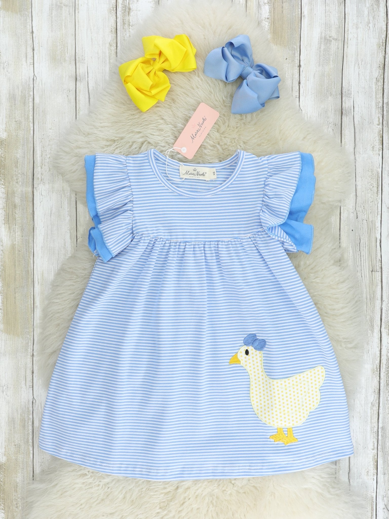 Blue Striped Duck Ruffle Dress - Marie Nicole Clothing