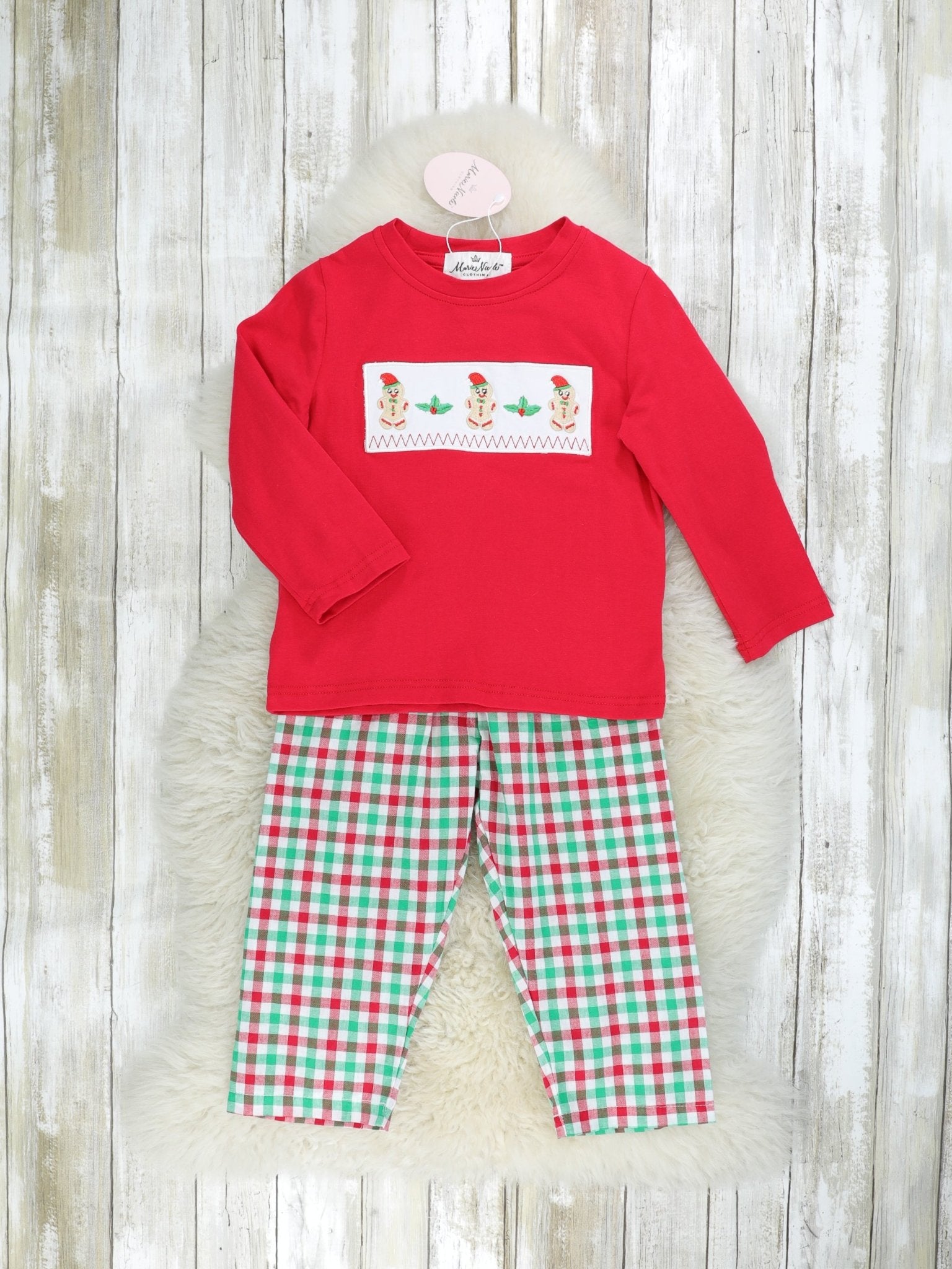 Red & Green Gingerbread Smocked Outfit - Marie Nicole Clothing