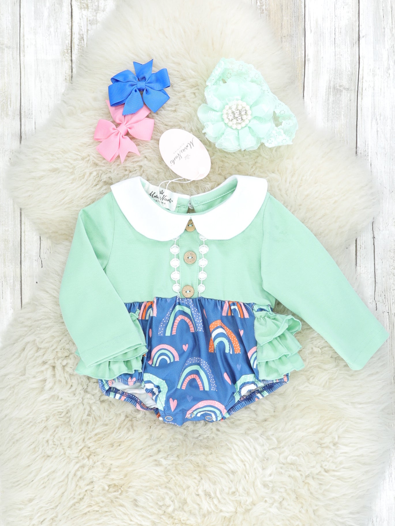 Mint Rainbow Ruffle Bubble Romper - Marie Nicole Clothing