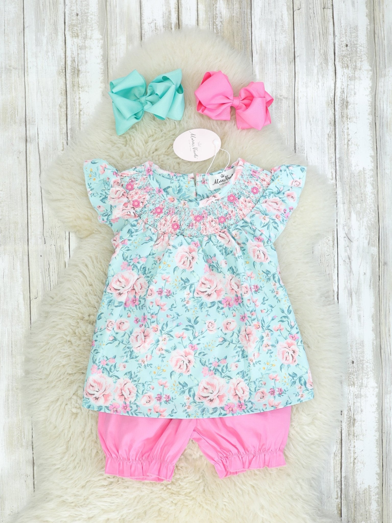 Blue Floral Ruffle Top & Pink Bottoms Outfit - Marie Nicole Clothing