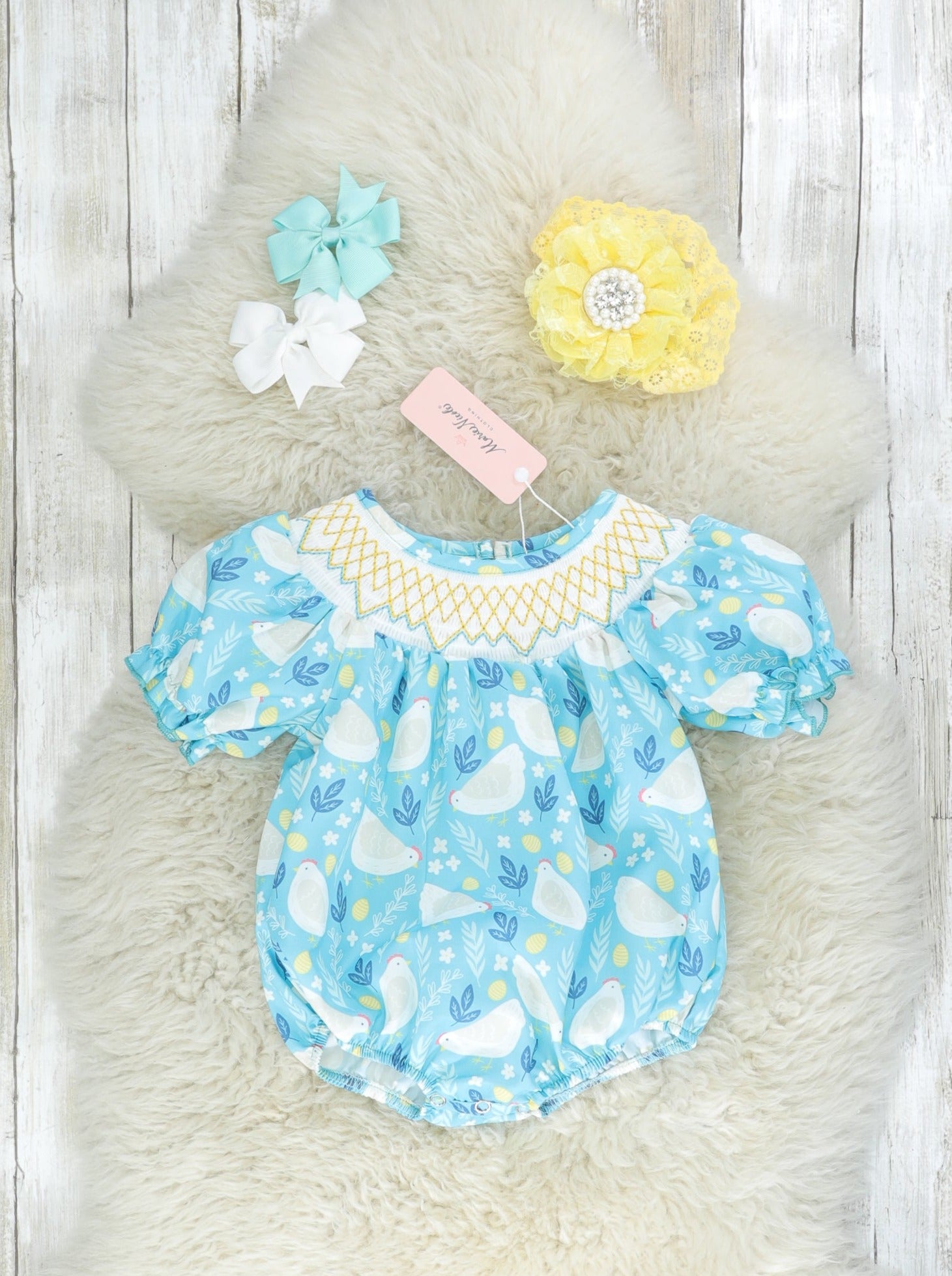 Sky Blue Smocked Chicken Romper - Marie Nicole Clothing
