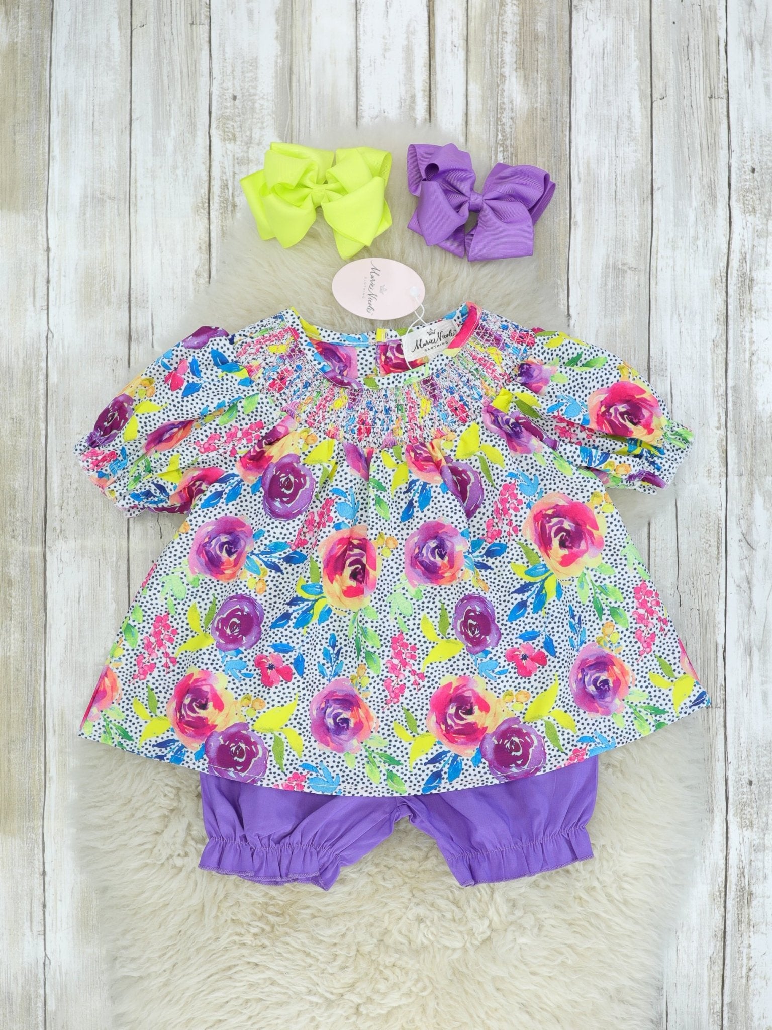 Smocked Bright Rose Top & Purple Bottoms Outfit - Marie Nicole Clothing