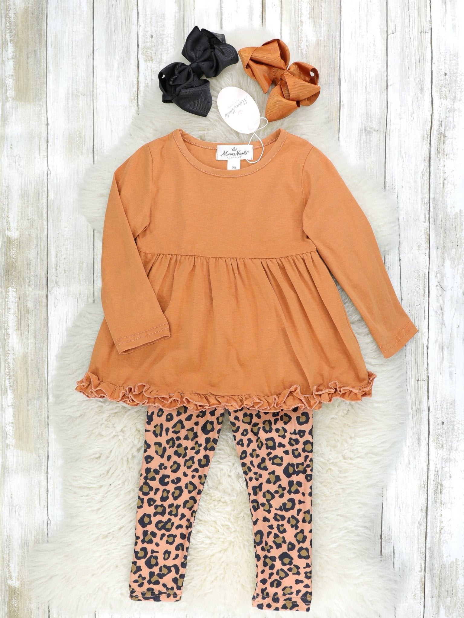 Brown Peplum Ruffle Tunic & Leopard Bottoms Outfit - Marie Nicole Clothing
